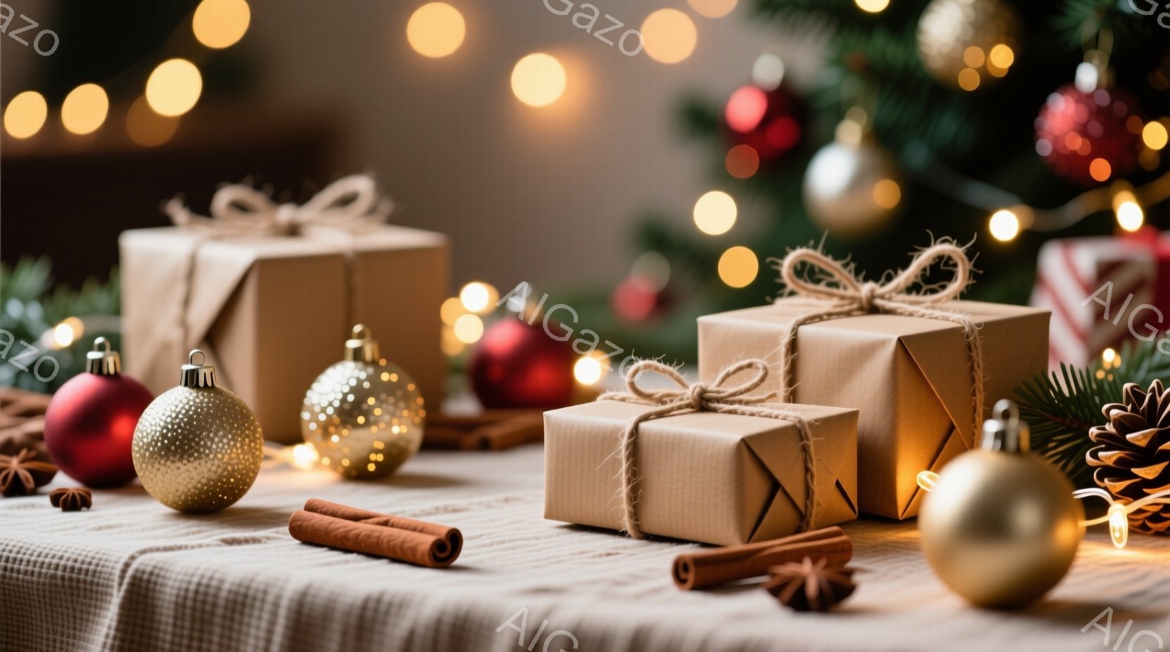 温かい光の中で、包装紙で包まれたプレゼントがいくつか並べられています。赤いオーナメント、金色のオーナメント、松ぼっくり、シナモンスティックなどがプレゼントの周りに散りばめられており、クリスマスの温かく穏やかな雰囲気を醸し出しています。背景にはぼやけたクリスマスツリーが見え、全体的に落ち着いたトーンで統一されています。
