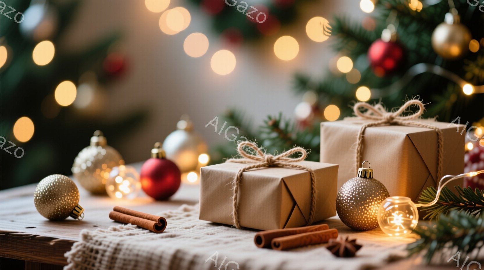 温かい光に照らされた木製のテーブルの上に、クラフト紙で包まれたプレゼントがいくつか置かれています。赤いオーナメント、シナモンスティック、そしてニットの布がアクセントとして添えられ、クリスマスや冬のホリデーシーズンを連想させます。背景にはぼやけたクリスマスツリーの緑と光のぼかしがあり、温かく、心地よい雰囲気を醸し出しています。