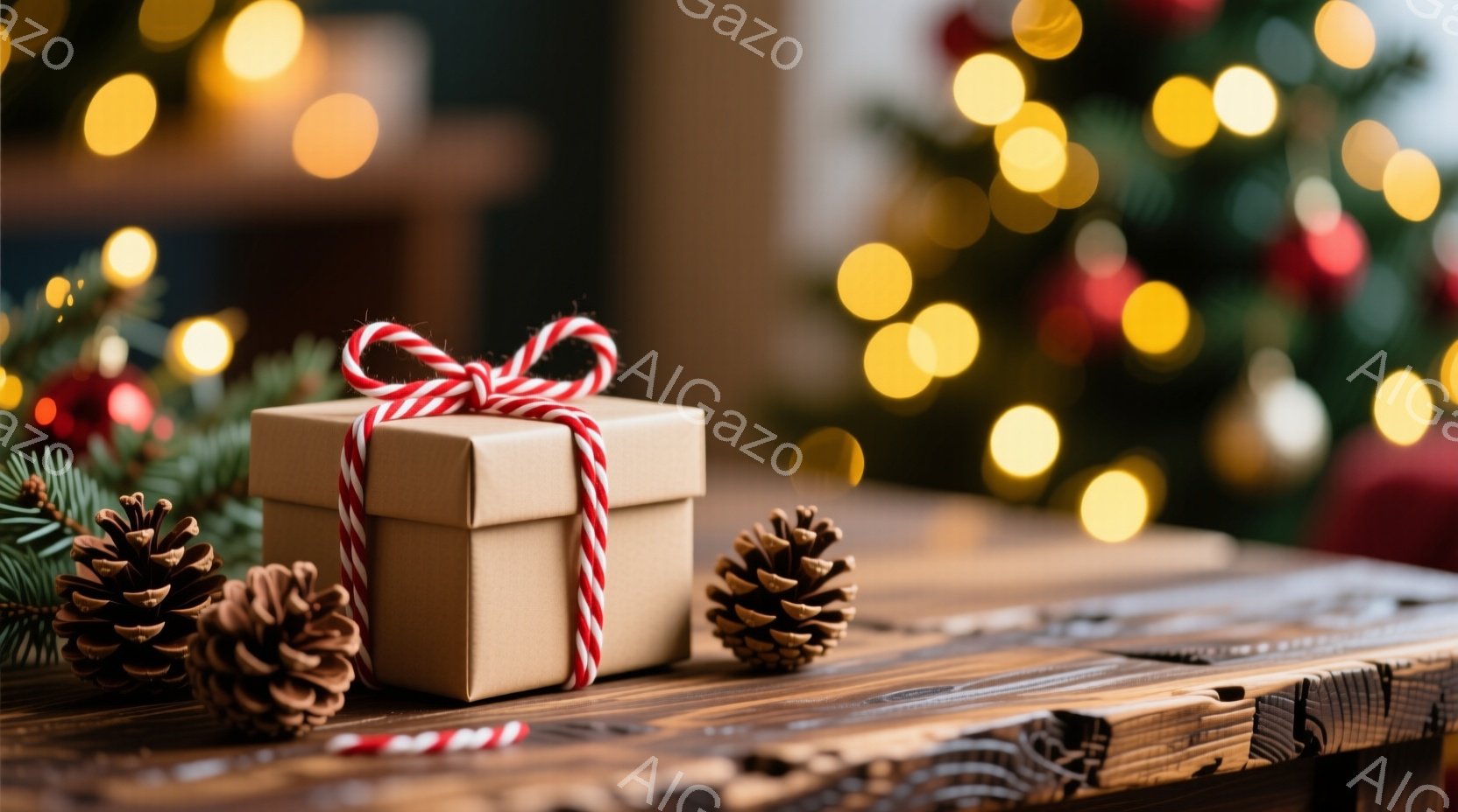 茶色のギフトボックスが赤い縞模様のリボンで結ばれ、木製のテーブルの上に置かれています。周囲には松ぼっくりが配置され、背景にはぼやけたクリスマスツリーの光が散りばめられています。暖かく、お祝いの雰囲気で - AI生成フリー素材