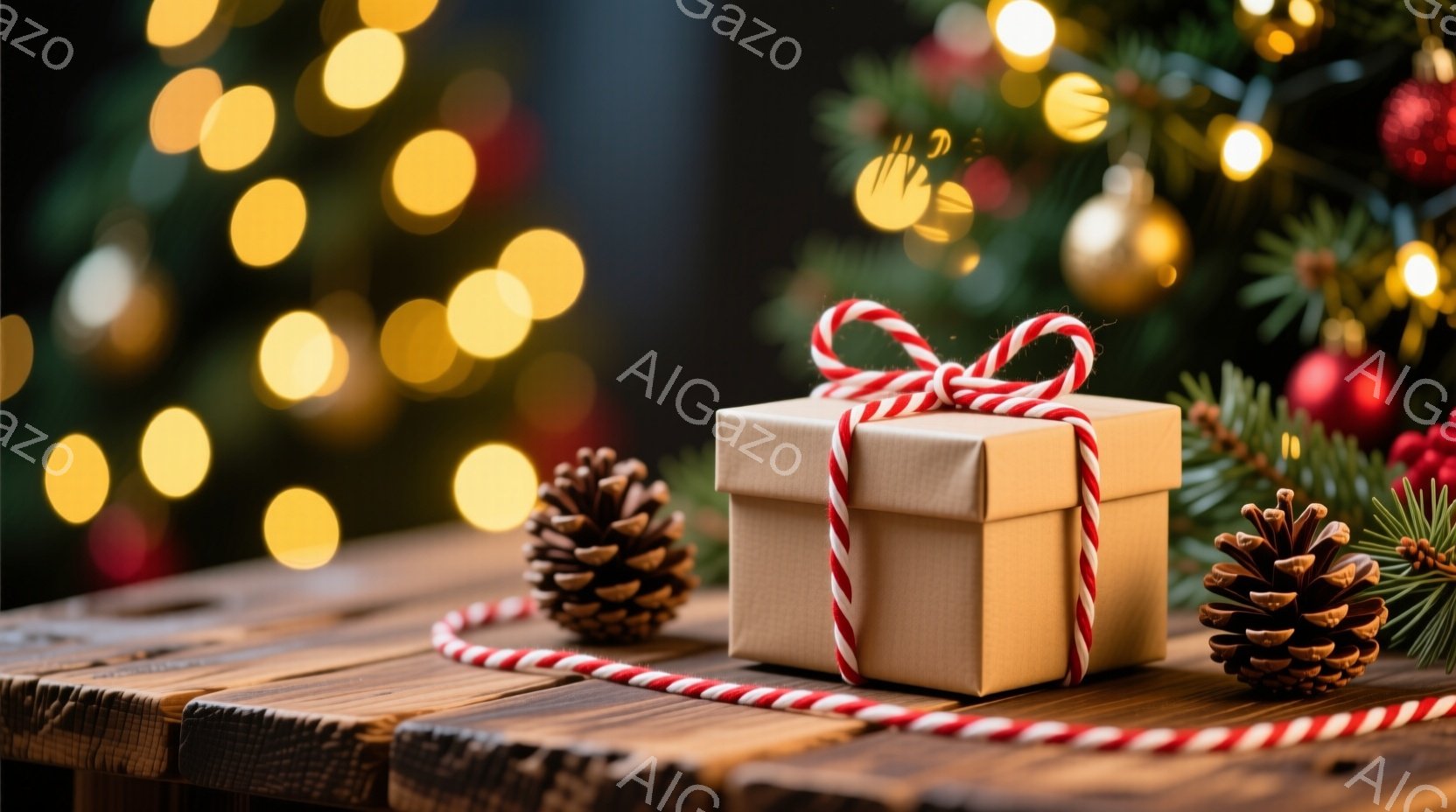 粗い木製のテーブルの上に、茶色の包装紙で包まれたプレゼントが置かれています。赤い縞模様のリボンで結ばれており、その周りには松ぼっくりと赤い装飾が配置されています。背景にはぼやけたクリスマスツリーの飾り - AI生成フリー素材