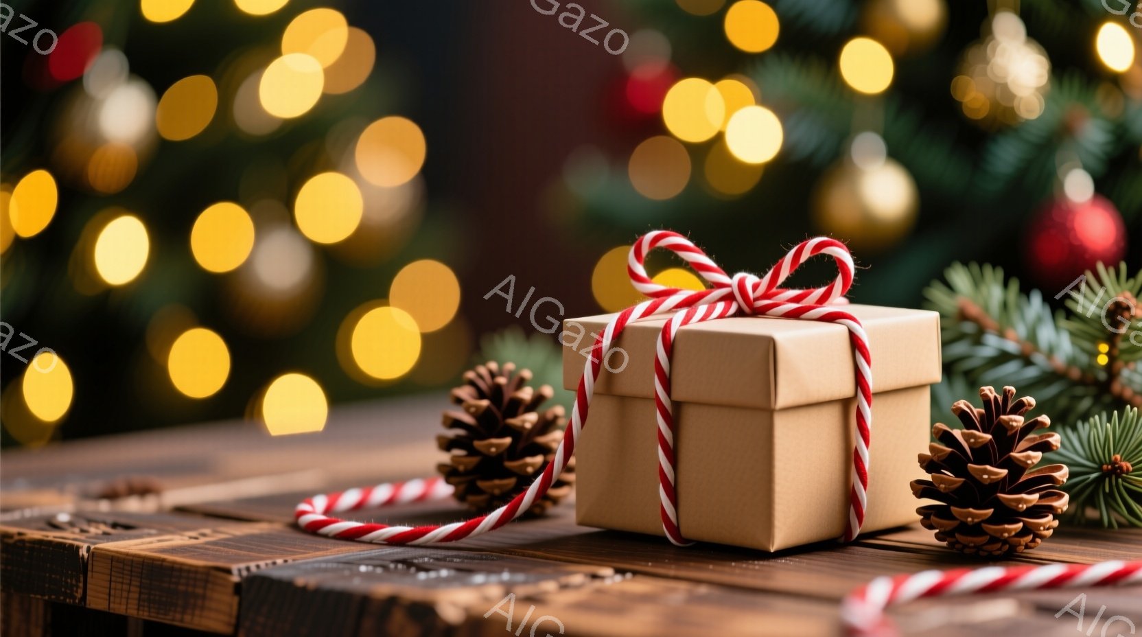 粗末な木製のテーブルの上に、赤い白の縞模様のリボンで結ばれたクラフト紙のギフトボックスが置かれています。周りには松ぼっくりが2つ配置され、背景はぼやけた黄色の光が輝くクリスマスツリーのようになっていま - AI生成フリー素材