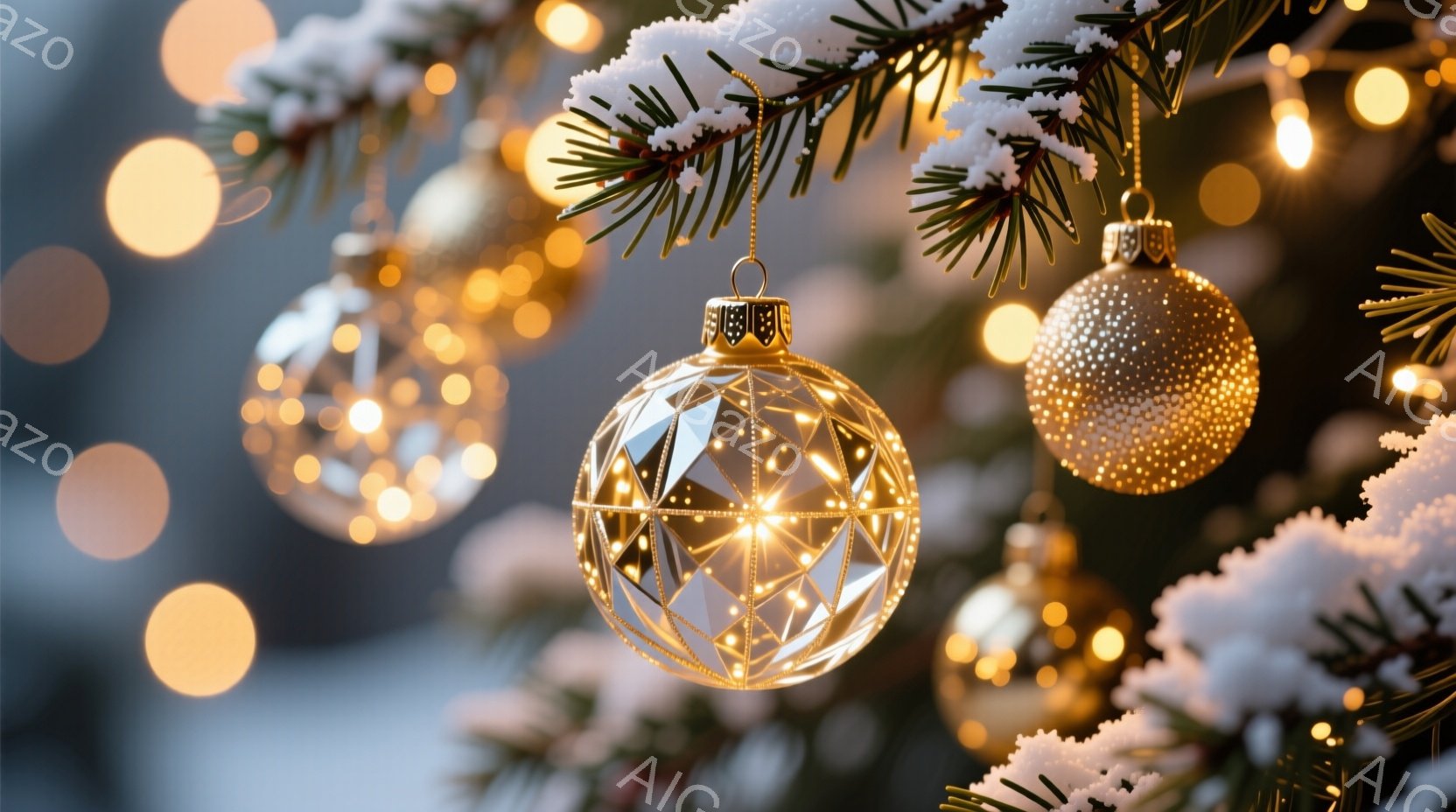 鮮やかなクリスマスツリーの飾り付けが印象的な画像です。透明と金色のオーナメントが、緑の葉とぼんやりとした背景の光の中で輝き、冬の暖かさと祝祭の雰囲気を醸し出しています。雪が積もった枝が、クリスマスの季節らしさを強調しています。