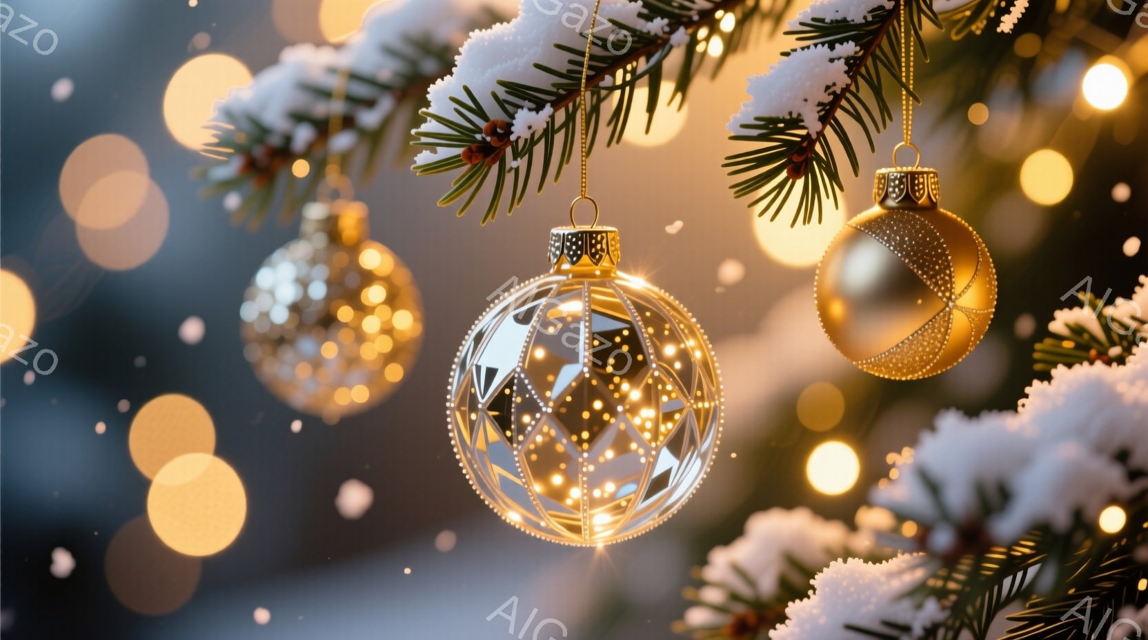 クリスマスツリーの枝に、金と銀の装飾が輝くオーナメントが飾られています。背景にはぼんやりとした光の玉が散りばめられ、暖かく幻想的な雰囲気を醸し出しています。冬の装飾が、華やかで優雅な季節の喜びを表現し - AI生成フリー素材