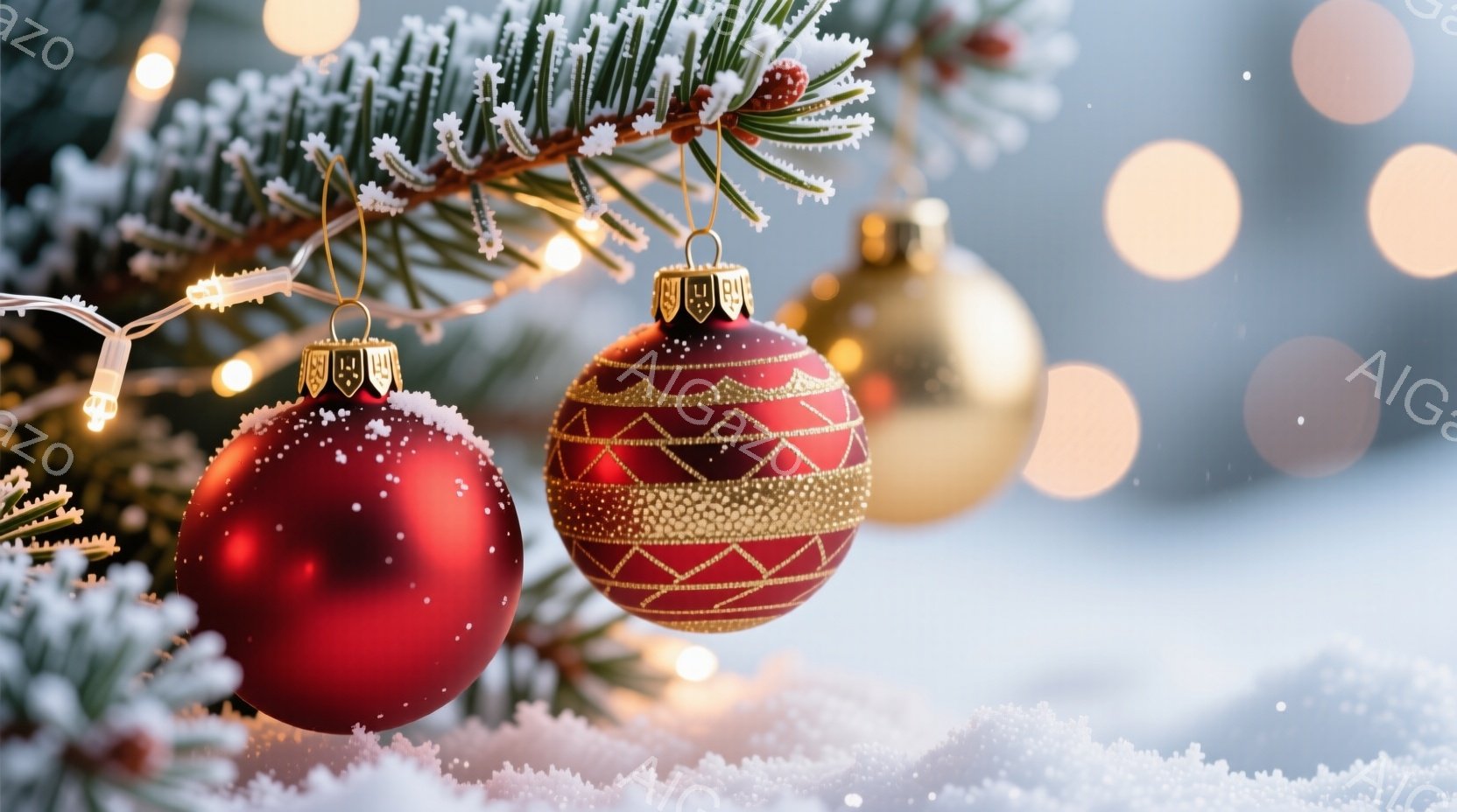 クリスマスツリーの枝に、赤と金色のオーナメントが飾られています。雪が舞い降りており、背景はぼやけた光で満たされ、冬の暖かく幻想的な雰囲気を醸し出しています。オーナメントには雪が積もり、クリスマスの季節感を強調しています。
