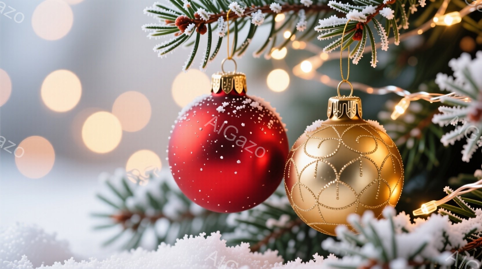 鮮やかな赤いオーナメントとゴールドのオーナメントが、雪が積もったクリスマスツリーの枝に飾られています。背景にはぼやけた光が散りばめられており、冬の暖かく穏やかな雰囲気を醸し出しています。雪の粒子がオーナメントと枝に付着し、クリスマスの季節感を強調しています。
