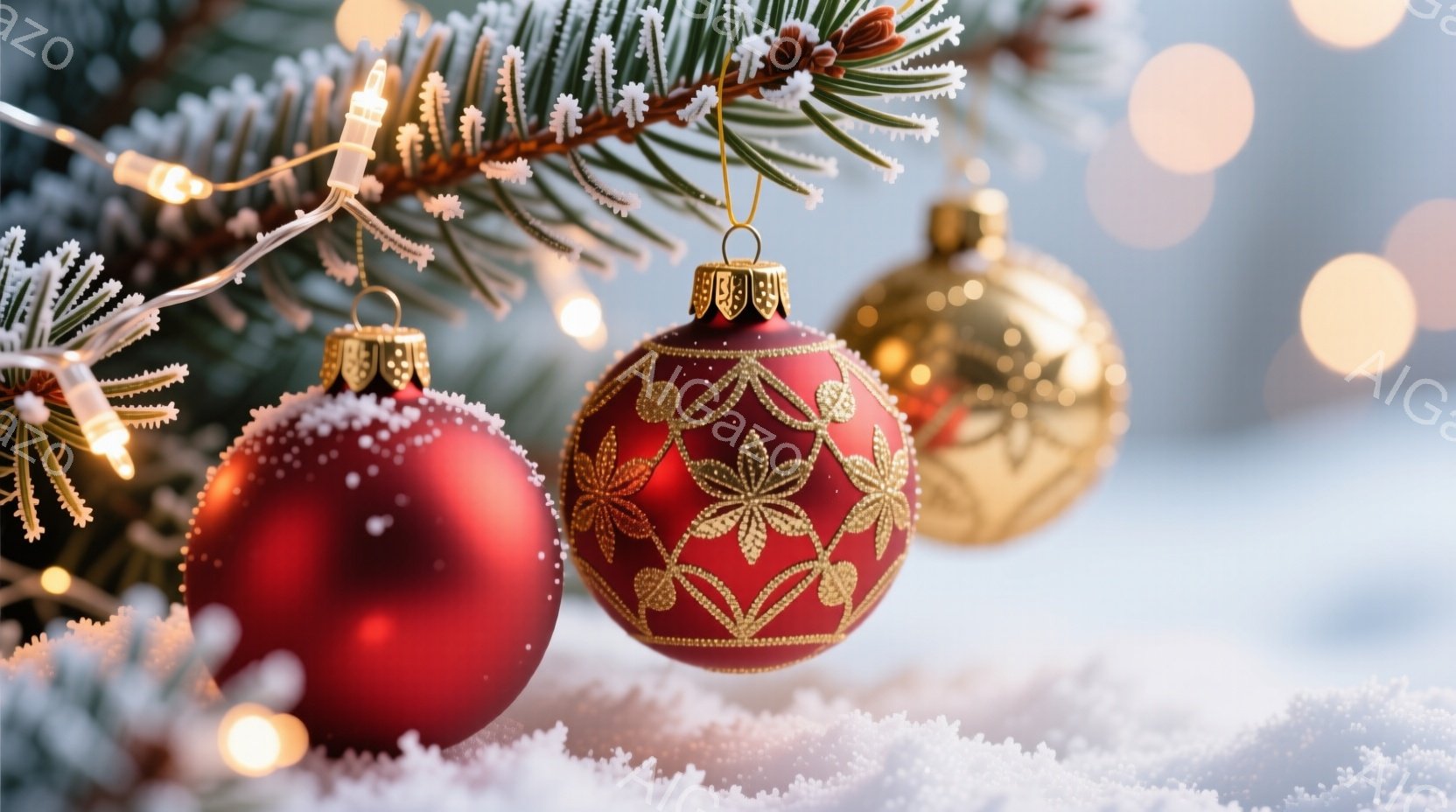 クリスマスツリーの枝に、赤と金のオーナメントが飾られています。背景はぼやけていますが、雪が降っているような白い粒子が見え、冬の暖かく幻想的な雰囲気を醸し出しています。オーナメントは光沢があり、キラキラ - AI生成フリー素材