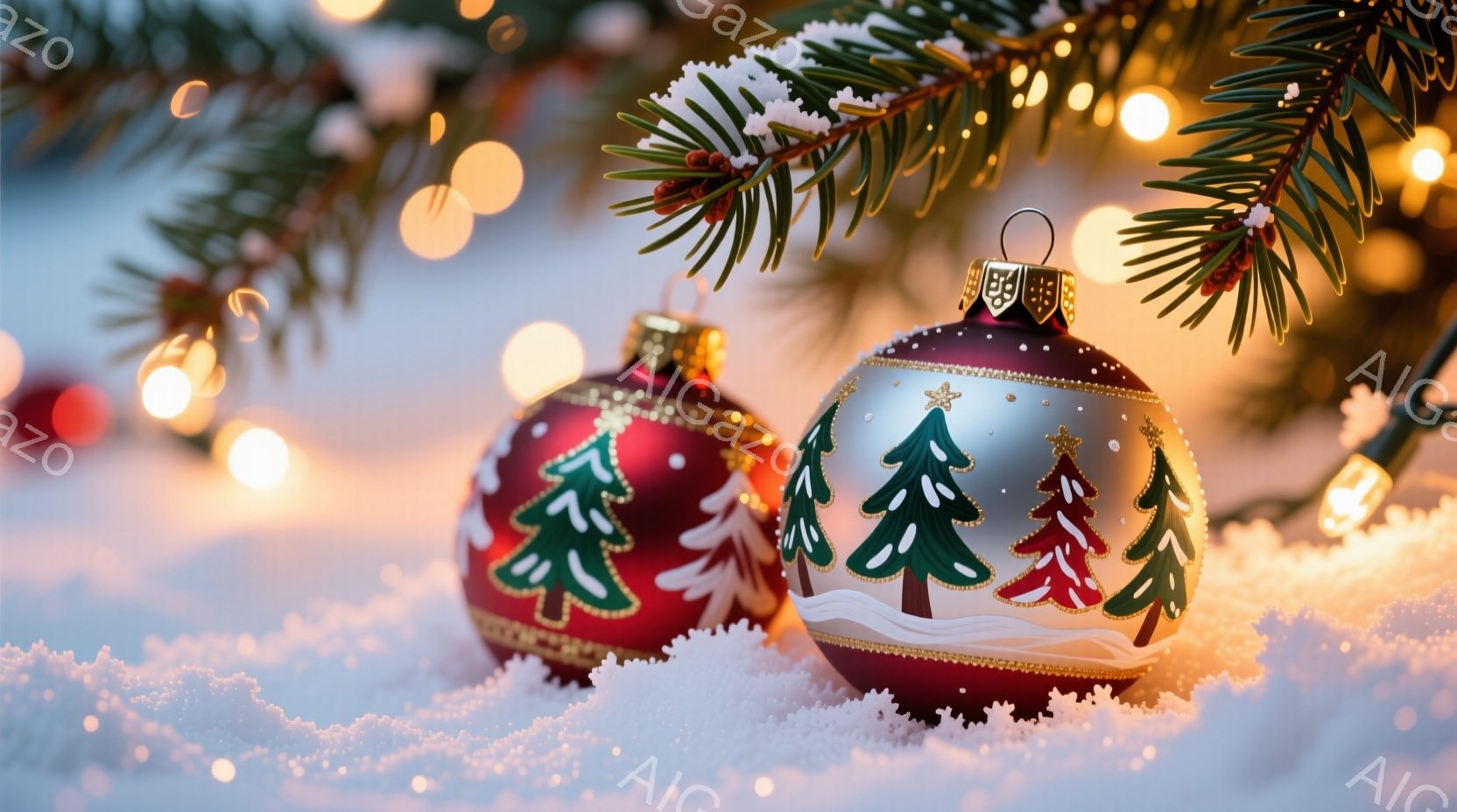 赤と銀のクリスマスオーナメントが雪の上に置かれ、背景には緑のモミの枝とぼんやりとした光のストリングが広がっています。オーナメントには、雪景色を連想させる緑と赤の木々が描かれており、冬の暖かさと祝祭の雰 - AI生成フリー素材