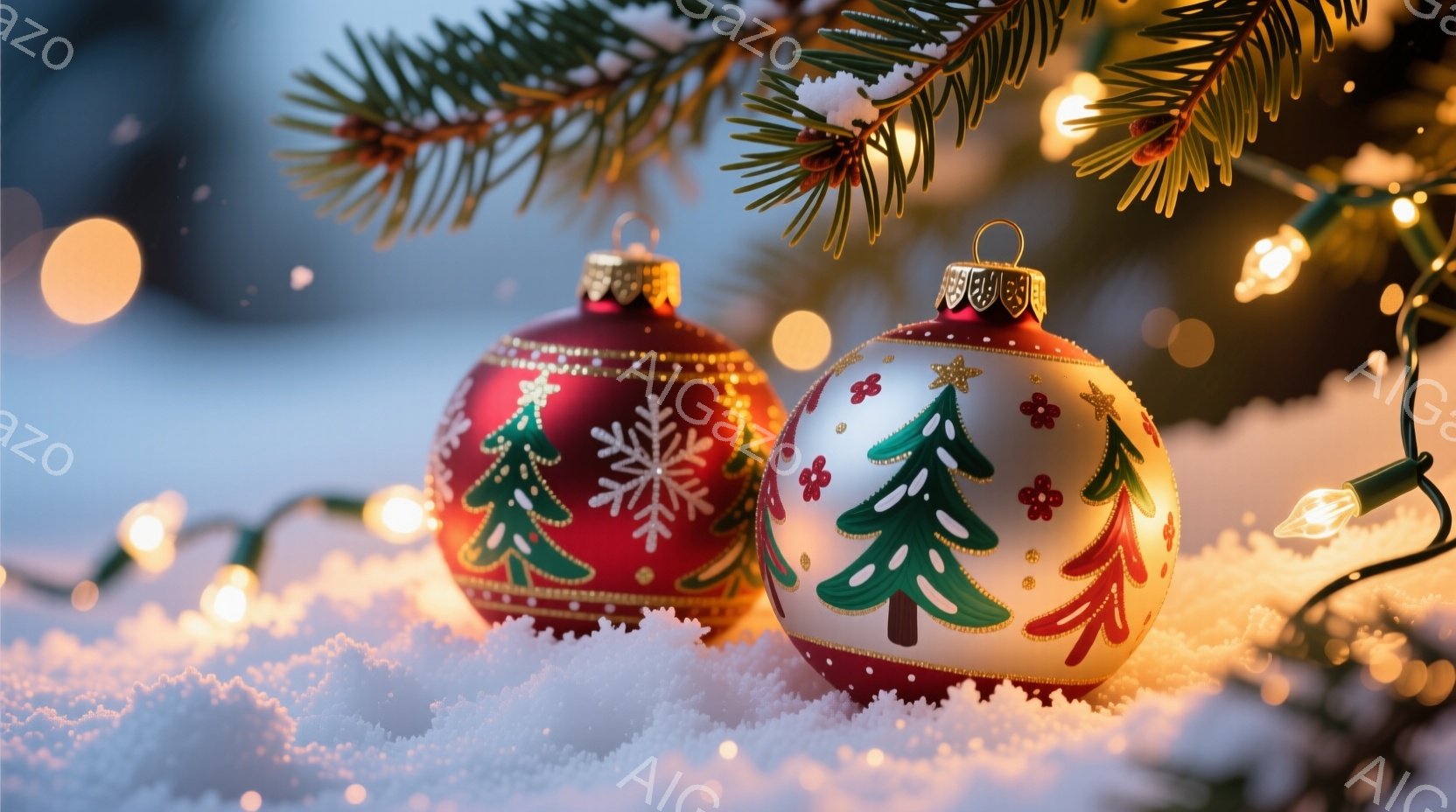 雪の上に二つのクリスマスオーナメントが置かれています。一つは赤色で雪の結晶とクリスマスツリーが描かれており、もう一つは金色で同様の模様が施されています。背景にはぼやけたクリスマスツリーの葉と電飾の光が - AI生成フリー素材