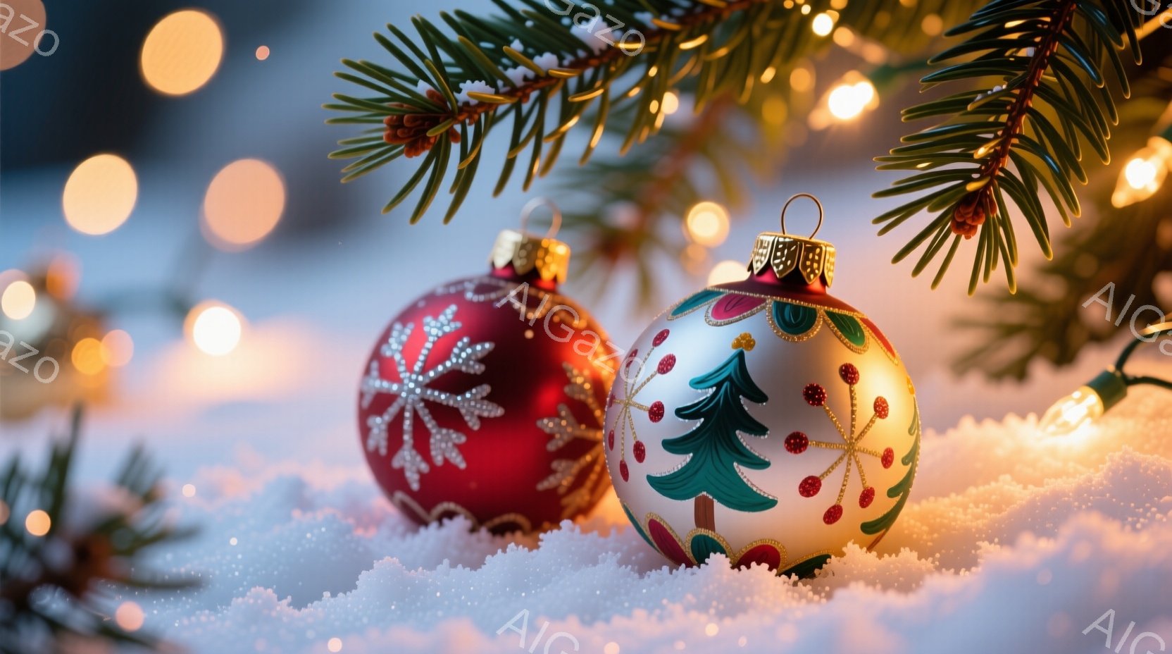 鮮やかな赤いオーナメントと緑と白のクリスマスツリーが描かれたオーナメントが雪の上に置かれています。背景にはぼやけた光のストリングと針葉樹の枝があり、暖かくお祝いの雰囲気を作り出しています。全体的に、この画像は冬のホリデーシーズンの魅力と喜びを捉えています。