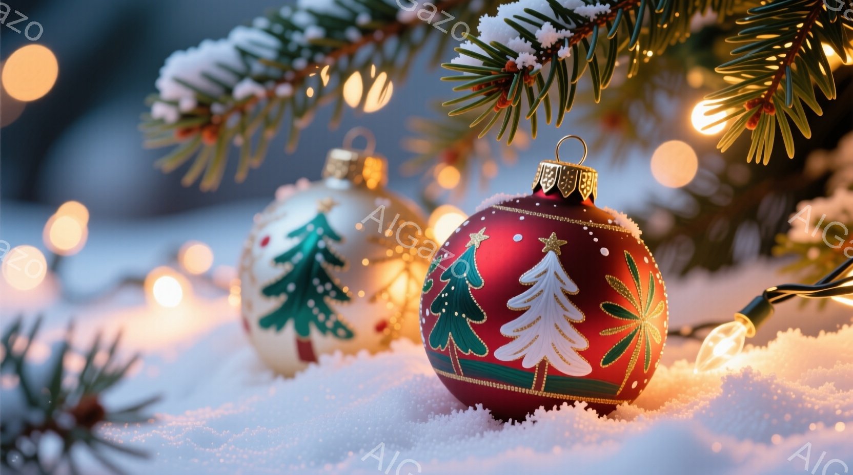 雪の上に置かれたクリスマスオーナメントが写っています。赤いオーナメントは緑のクリスマスツリーの模様が描かれ、他の白いオーナメントも同様のデザインです。背景にはぼやけたクリスマスツリーの枝と暖かい色の電飾があり、冬の穏やかなお祝いの雰囲気を醸し出しています。