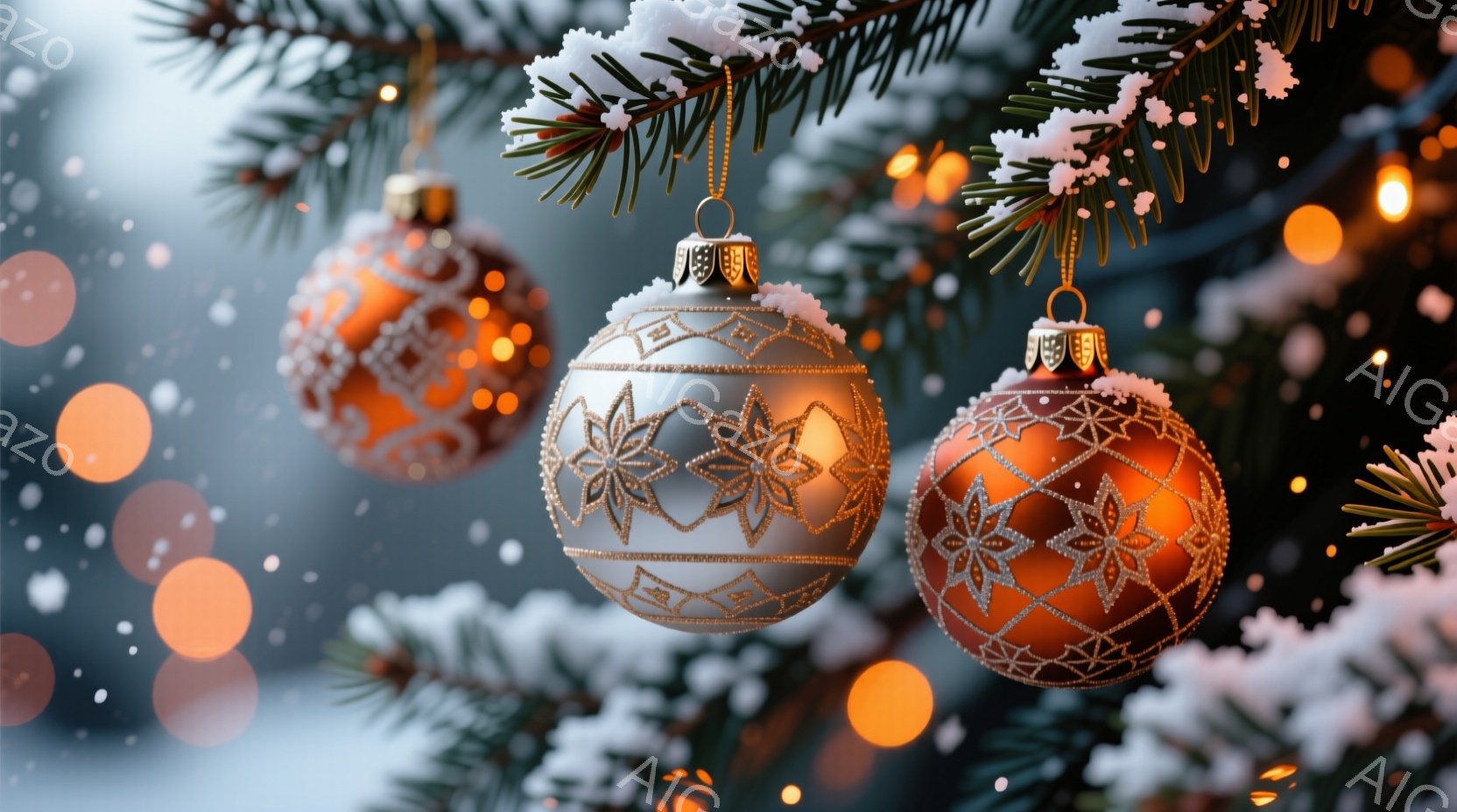 クリスマスツリーの枝に飾られたオレンジとゴールドのオーナメントが3つ写っています。背景はぼやけたクリスマスツリーの緑と、暖色系のぼんやりとした光で、まるで雪が降る冬の夜のようです。全体的に暖かく、お祝 - AI生成フリー素材