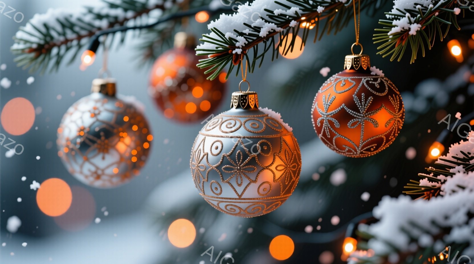 クリスマスツリーの枝に、金色の装飾が施されたオレンジ色のオーナメントがいくつかぶら下がっています。背景はぼやけた青とオレンジ色の光で、まるで雪が舞っているような幻想的な雰囲気です。暖色系の光と装飾が、 - AI生成フリー素材