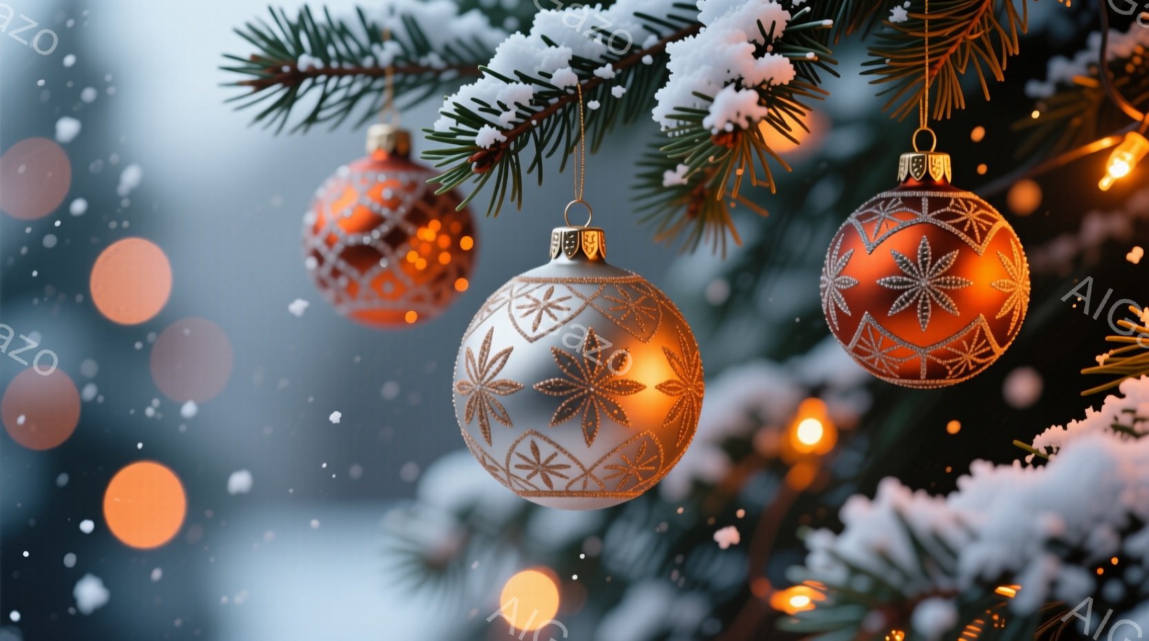 クリスマスツリーの枝に、オレンジと白の美しいオーナメントが飾られています。背景はぼやけた光と雪のようで、冬の暖かいお祝いの雰囲気を醸し出しています。オーナメントは繊細な模様で彩られ、キラキラと輝き、ク - AI生成フリー素材