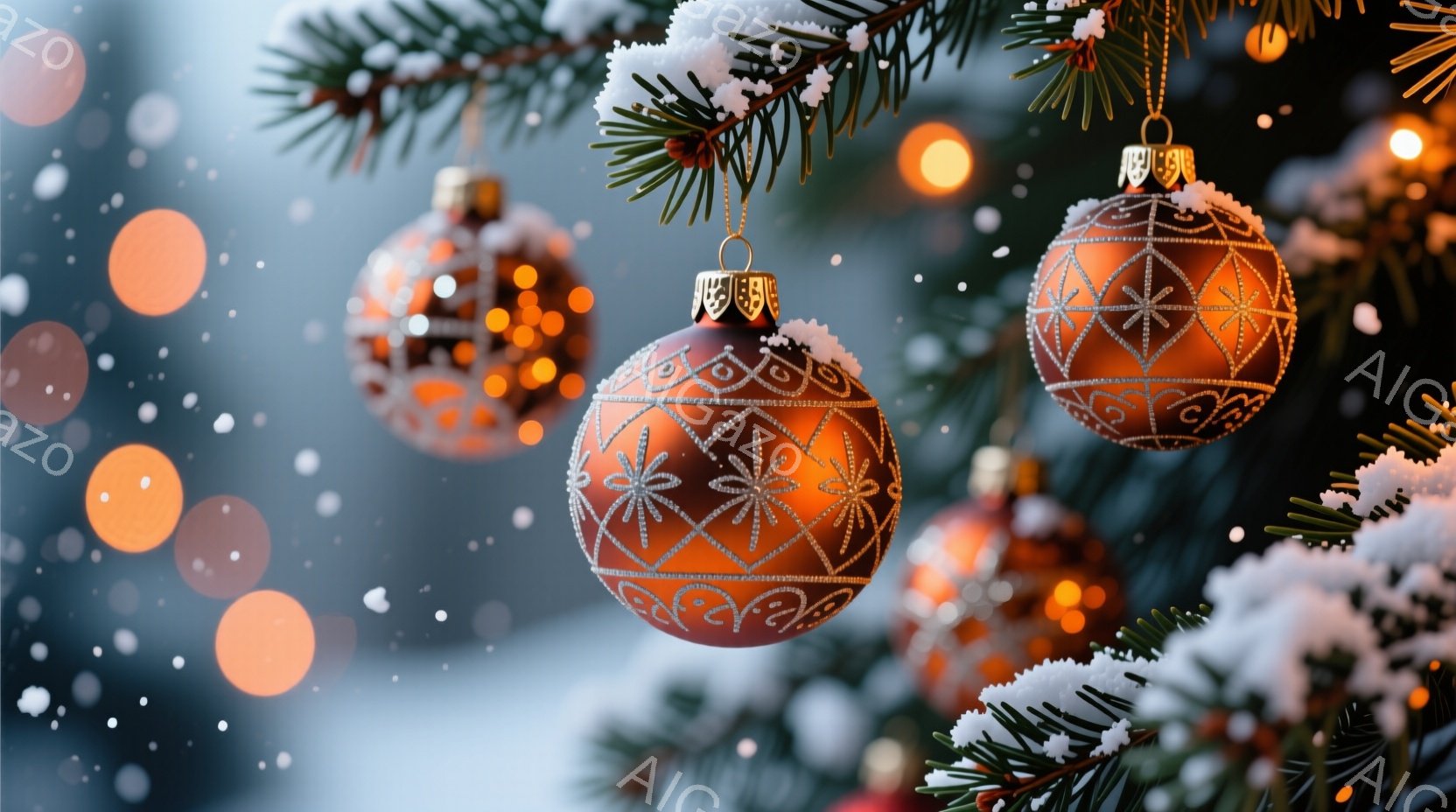 クリスマスツリーの枝に、オレンジと金色の装飾が施されたクリスマスオーナメントがいくつか吊り下げられています。背景はぼやけた光の点と深い緑で、まるで冬の夜空のような雰囲気です。全体的に、暖かく、お祝いム - AI生成フリー素材