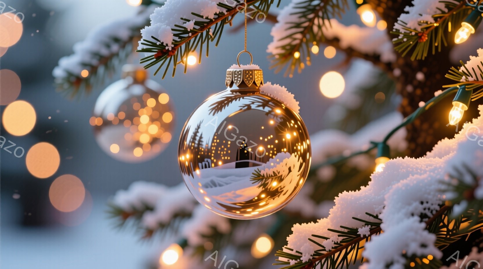 クリスマスの飾りが施されたモミの木の枝の中に、雪景色を閉じ込めたガラス玉が輝いている。遠景には、煙突から煙を上げている家々が点在し、雪に覆われた静かな村の風景が映し出されている。暖色のイルミネーションが枝に飾り付けられ、温かく幻想的な雰囲気を醸し出している。