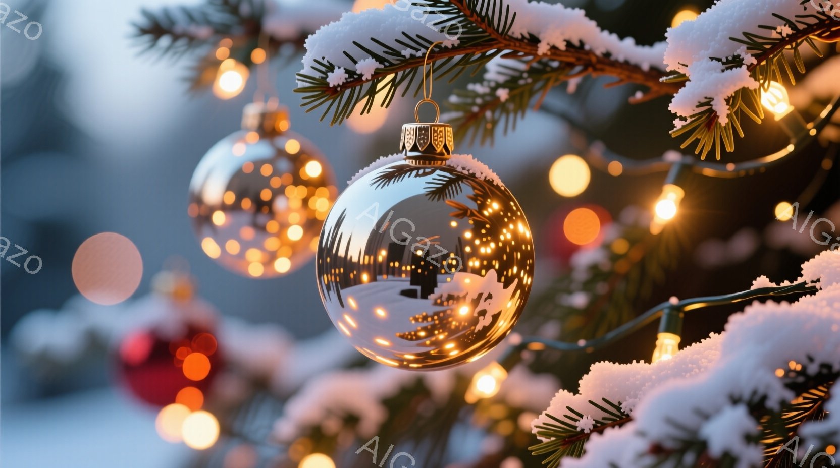 クリスマスツリーの枝に、複数の装飾ボールが飾られています。銀色のボールには冬の街並みが反射しており、暖色のイルミネーションが輝き、雪化粧された枝とのコントラストが美しいです。全体的に暖かく幻想的なクリスマスの雰囲気が漂っています。