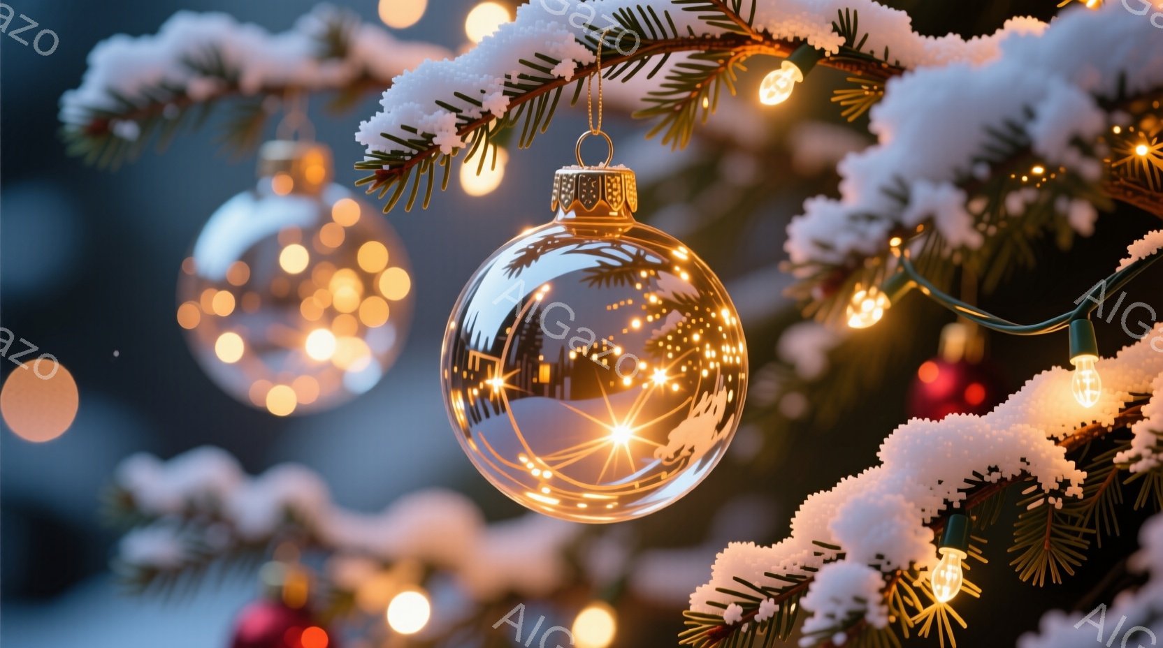 針葉樹の枝に雪が積もり、複数のクリスマスのオーナメントが飾られています。透明な球状のオーナメントは光を反射し、雪景色を映し出しており、背景にはぼんやりと光る電飾が暖かさを添えています。全体的に冬の暖か - AI生成フリー素材