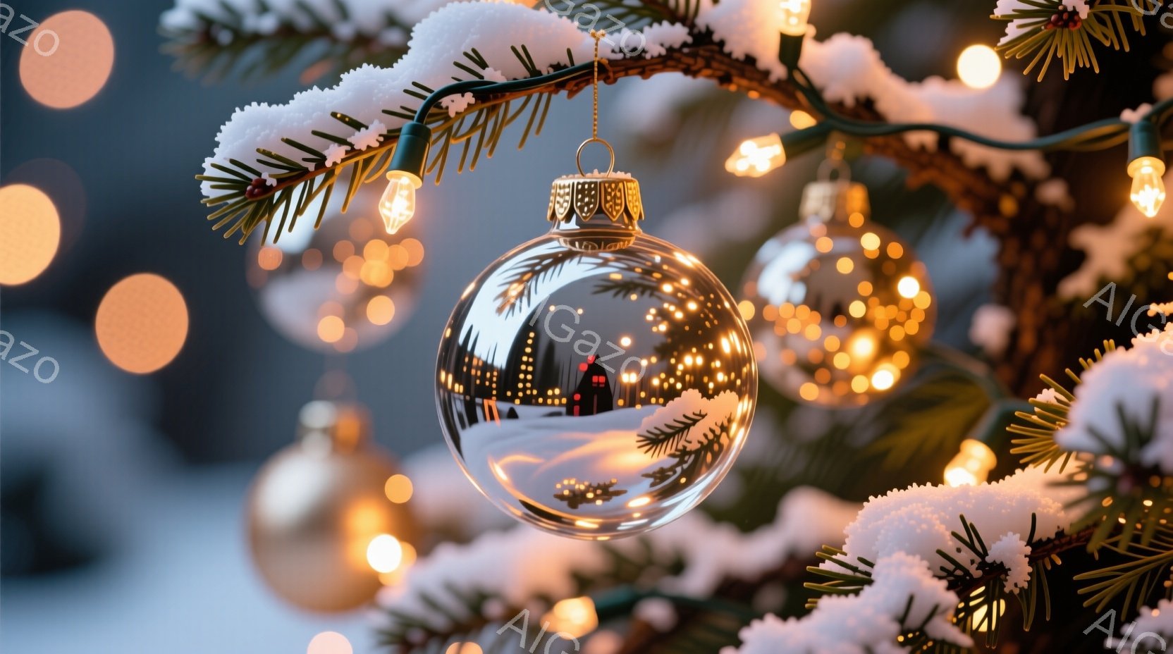 鮮やかなクリスマスツリーの枝に、雪景色が映し出されたガラス製のオーナメントがぶら下がっています。背景にはぼやけた温かい光が灯る家々が並び、雪が降り積もった静かな冬の風景が広がっています。暖かく幻想的な雰囲気が漂い、クリスマスの喜びと安らぎを感じさせます。