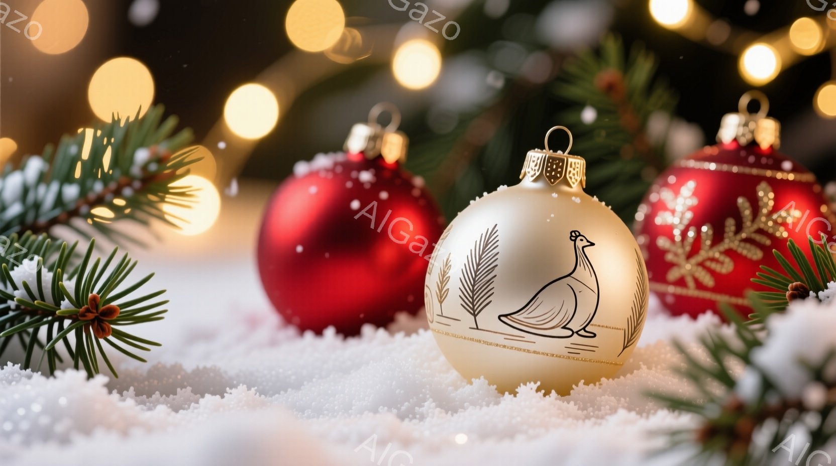 クリスマスオーナメントが雪の上に置かれており、背景にはぼやけた光が灯っています。金色のオーナメントには、木々と鳥のシルエットが描かれており、赤いオーナメントが隣接しています。全体的に暖かく、冬の祝祭の雰囲気が漂っています。