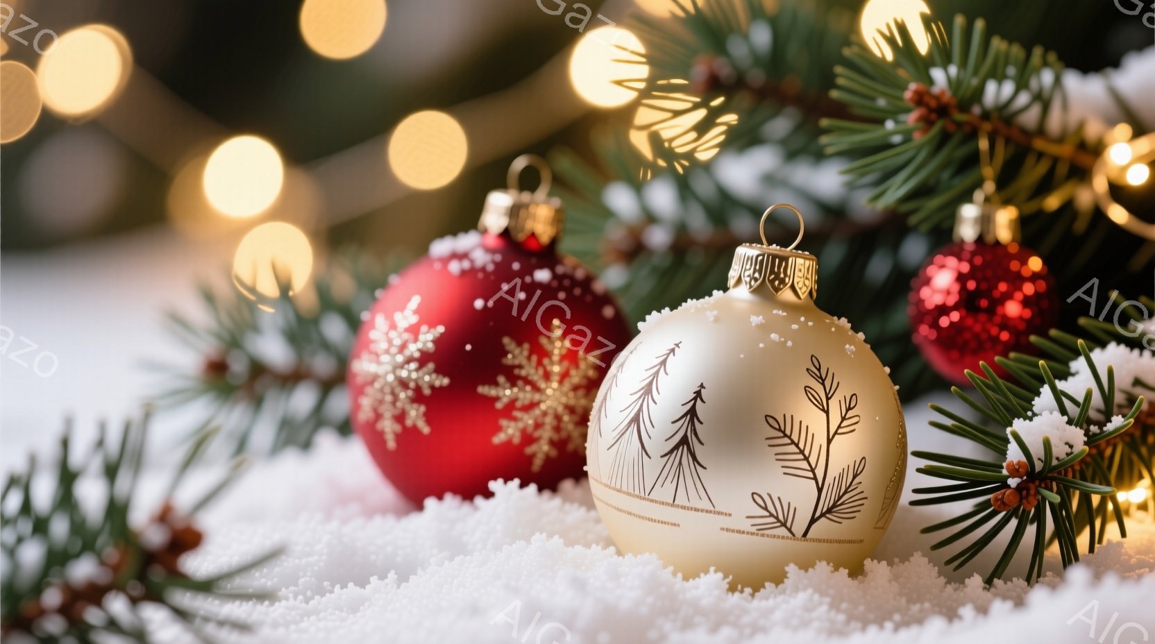 クリスマスオーナメントが雪の上に置かれ、背景には緑色の木や光がぼんやりと見えます。クリーム色のオーナメントには、細い黒い線で描かれた木の模様が施され、赤いオーナメントは雪の結晶模様が特徴的です。全体的に温かく、冬のホリデーシーズンを象徴する穏やかな雰囲気です。