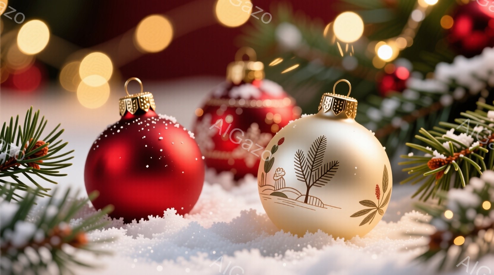 真っ赤なオーナメントとクリーム色のオーナメントが雪の上に置かれています。クリーム色のオーナメントには、簡素な木のイラストが描かれており、背景には緑の葉とぼんやりとした光の玉が散りばめられています。全体的に冬の温かく穏やかなクリスマスの雰囲気が漂っています。