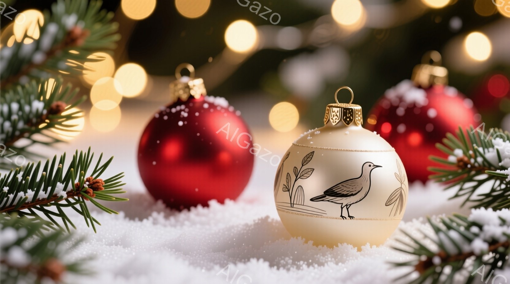 雪の上に置かれたクリスマスオーナメントが写っている。クリーム色のオーナメントには鳥の絵が描かれており、隣には鮮やかな赤色のオーナメントがある。背景にはぼやけた光と緑の葉が散りばめられており、全体的に暖かく、穏やかな冬の雰囲気を醸し出している。