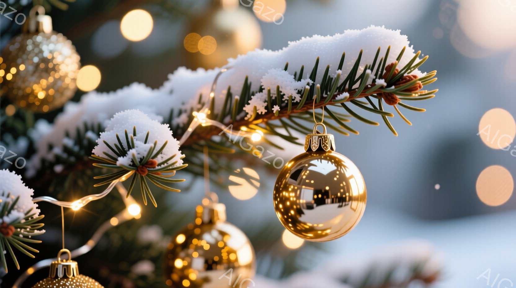 針葉樹の枝が雪で覆われ、金色のオーナメントが輝いている様子が捉えられている。背景はぼかされており、暖色のライトが点在し、冬の静かで幻想的な雰囲気を醸し出している。全体的に温かみのある光が、雪の冷たさを和らげ、穏やかな印象を与える。