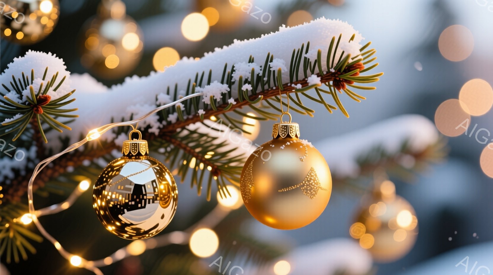 黄金色のオーナメントがクリスマスツリーの枝に飾られ、キラキラと輝いています。背景にはぼやけた光が点在し、雪が積もった枝が冬の暖かな雰囲気を演出しています。全体的に落ち着いた色調で、穏やかで美しいクリスマスの光景が表現されています。