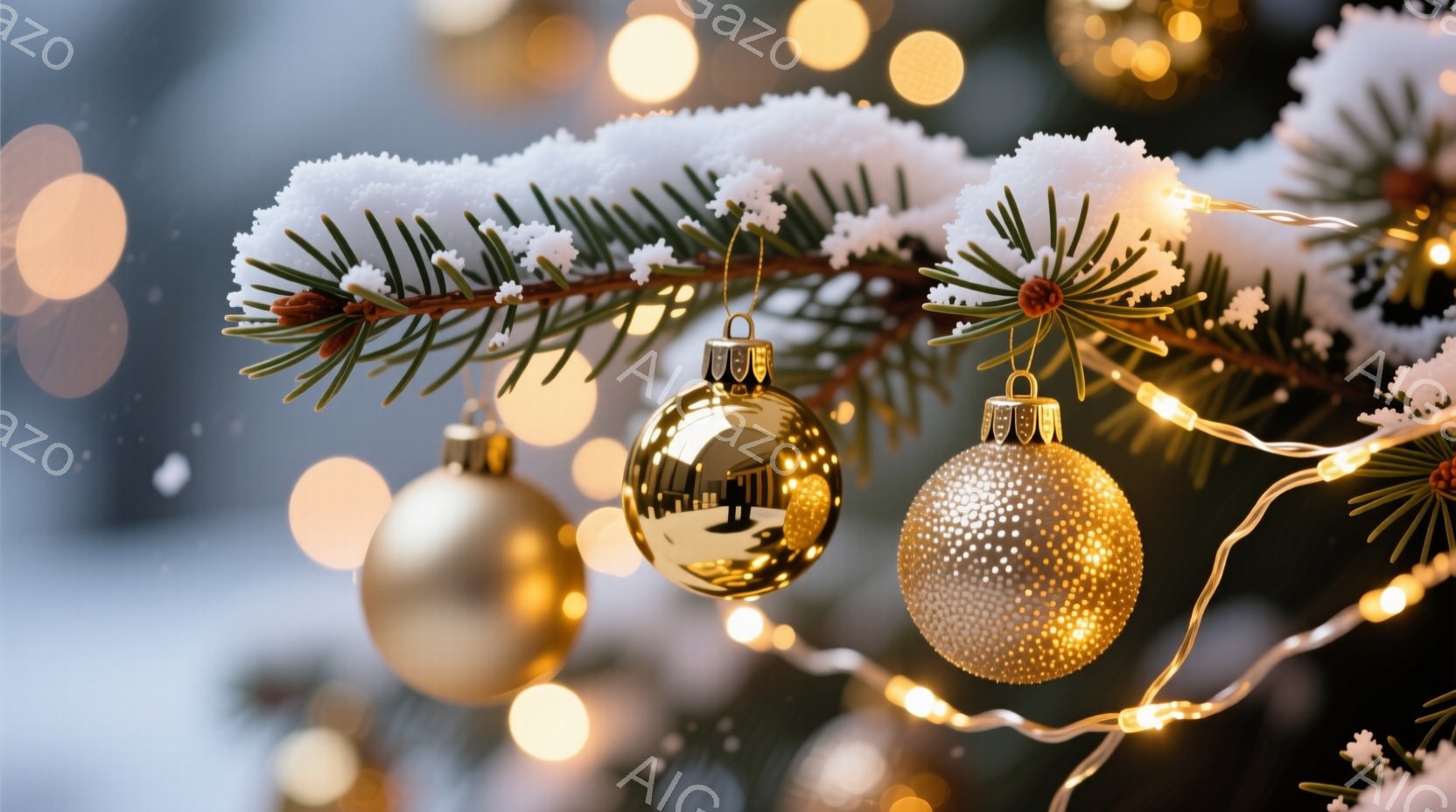 黄金色のクリスマスオーナメントが、緑色のクリスマスツリーの枝に飾られています。背景にはぼやけた光の玉が散りばめられており、暖かく幻想的な雰囲気を醸し出しています。冬の季節を象徴する、きらびやかで穏やか - AI生成フリー素材