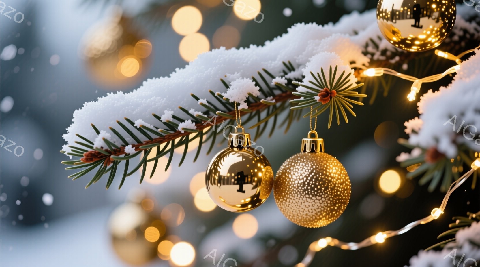 針葉樹の枝が雪で覆われ、その上に金色のオーナメントが二つ飾られています。背景にはぼやけた暖かい色の光が散りばめられ、冬の穏やかな雰囲気を醸し出しています。雪と光の組み合わせが、クリスマスの温かさと静けさを表現しています。