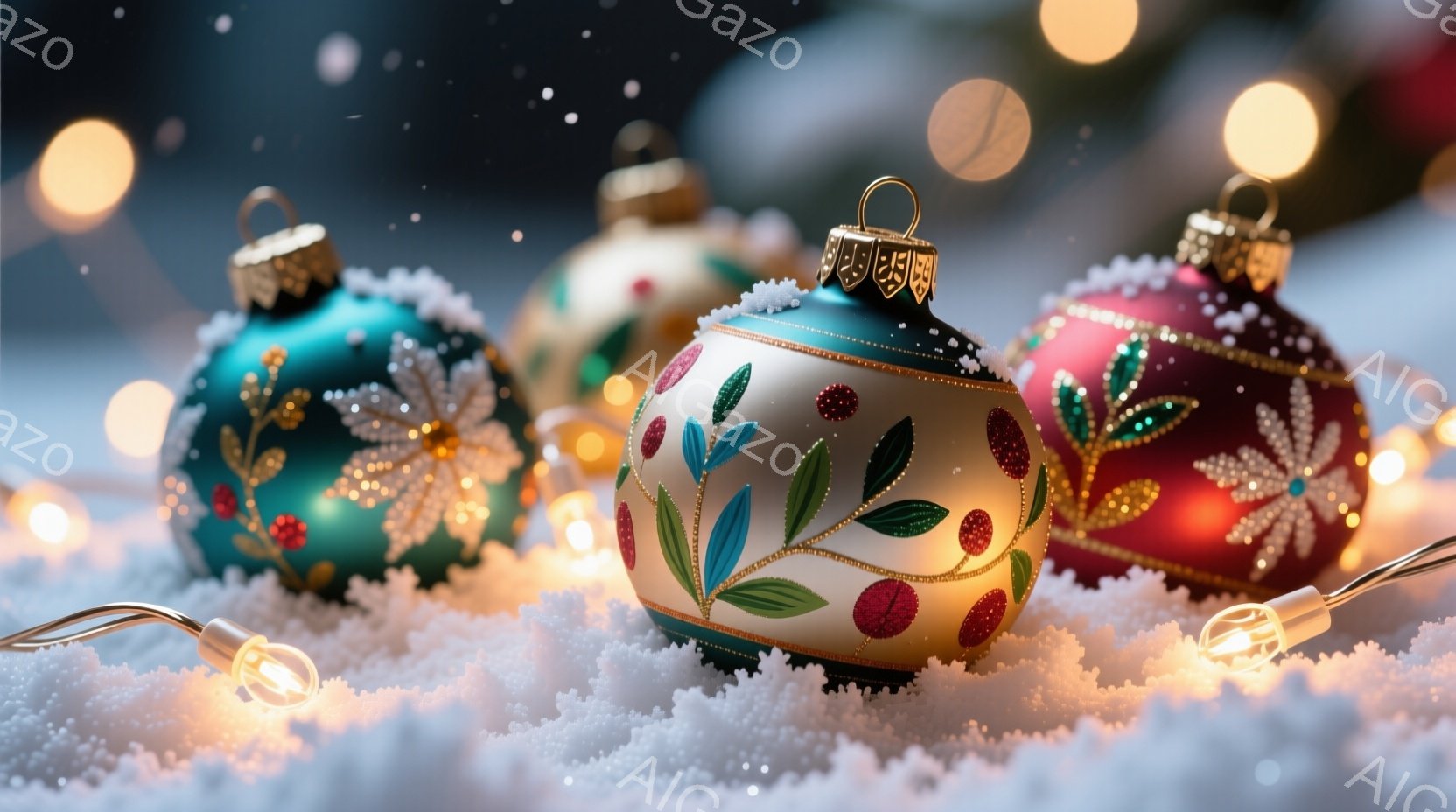 鮮やかな装飾が施されたクリスマスオーナメントが雪の上に並べられています。緑、ピンク、白、赤のオーナメントはそれぞれ異なる模様を持ち、繊細な輝きを放っています。背景にはぼやけた光が灯り、冬の暖かく幻想的な雰囲気を演出しています。