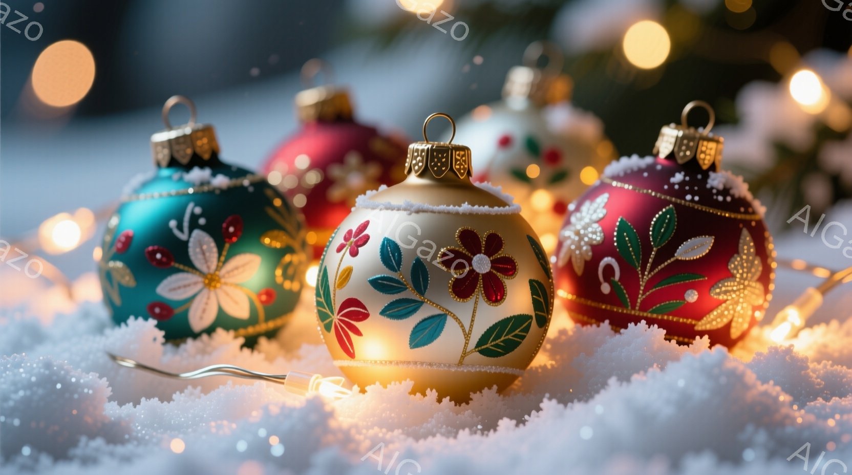 色とりどりのクリスマスオーナメントが雪の上に置かれています。緑、赤、黄色といった暖色系のオーナメントは、繊細な花模様で飾られており、キラキラと光るライトが背景にぼんやりと見えます。全体的に暖かく、華や - AI生成フリー素材