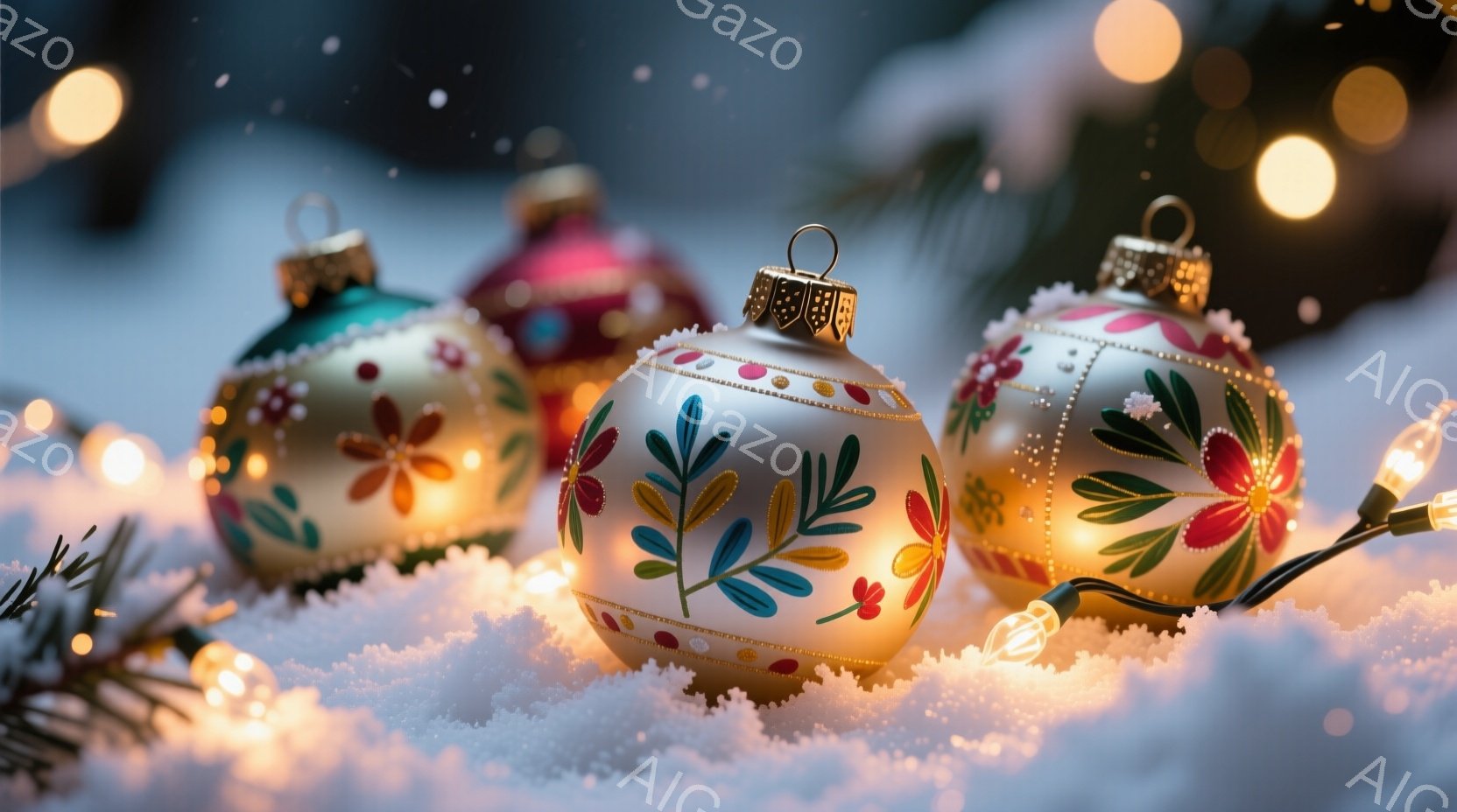 鮮やかなクリスマスのオーナメントが雪の上に散らばっている様子が捉えられています。ゴールド、グリーン、ピンクのオーナメントには、繊細な花柄が描かれており、暖かく優しい光がそれらを照らしています。背景にはぼやけたクリスマスツリーの緑と、きらめく電飾が広がり、冬の温かい雰囲気を醸し出しています。