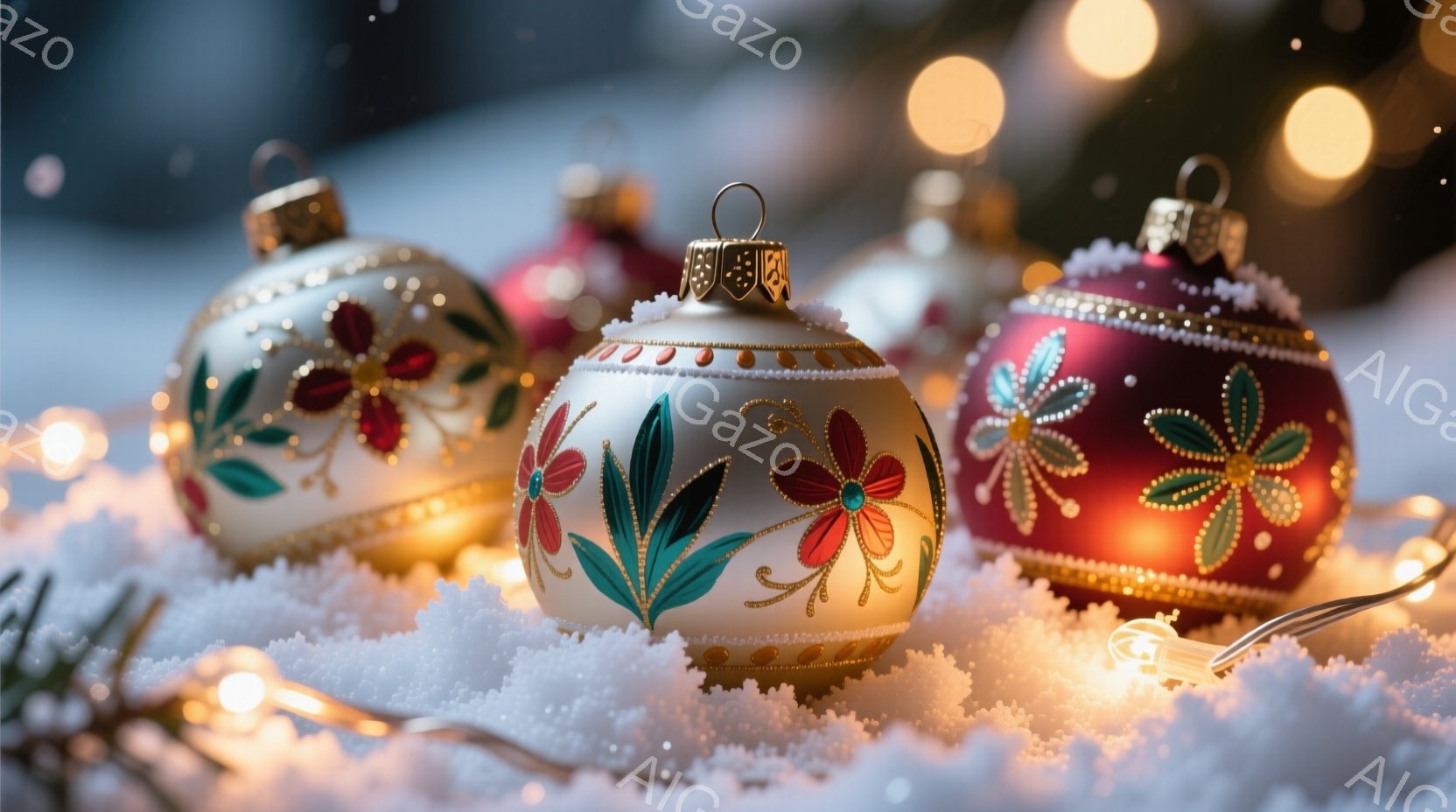 クリスマスオーナメントが雪の上に置かれており、背景にはぼんやりと緑色の葉が見えます。オーナメントは白と赤を基調とした美しいデザインで、金色の刺繍のような装飾が施されています。全体的に暖かく、幻想的な雰囲気で、ホリデーシーズンを祝う様子が伝わってきます。