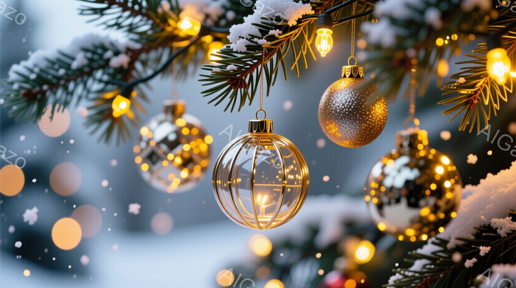 輝く電球と装飾品がクリスマスツリーの枝から吊り下げられています。背景はぼやけた雪景色で、暖かく幻想的な雰囲気を醸し出しています。金色の装飾品は光の中で輝き、冬の祭りの季節を象徴しています。
