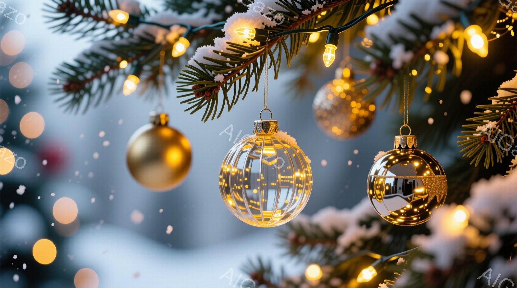 クリスマスツリーの枝に、金色のオーナメントが飾られています。オーナメントは、光を通すデザインで、内部に電球の光が輝き、冬の背景と暖かな光が調和しています。全体的に、穏やかで幻想的なクリスマスの雰囲気が漂っています。