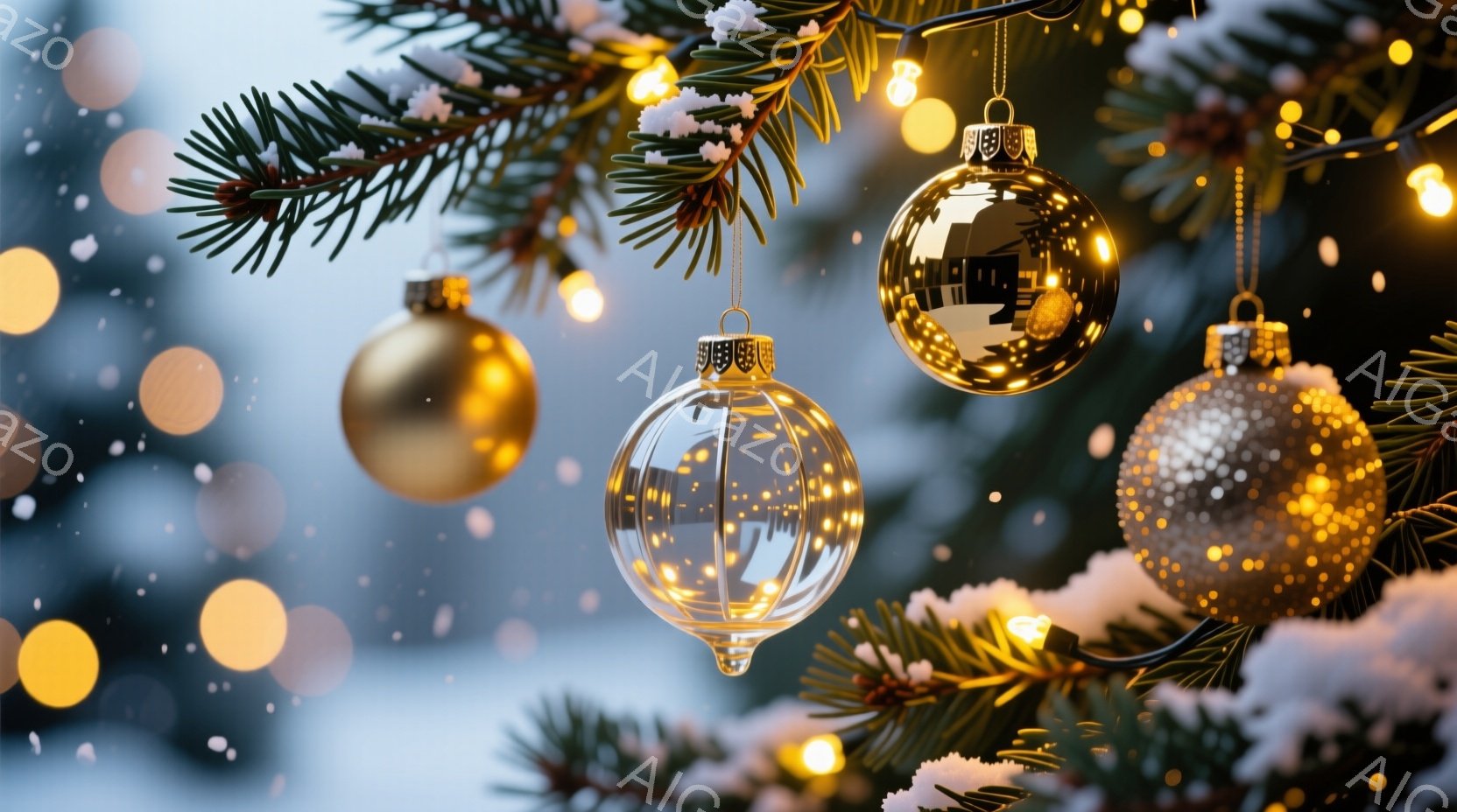 針葉樹の枝に、金、銀、透明の装飾ボールが美しく飾られています。背景はぼやけた雪景色で、暖かい色のライトが幻想的な雰囲気を醸し出しています。全体的に、クリスマスの温かく、きらびやかな祝祭の雰囲気を感じさせます。