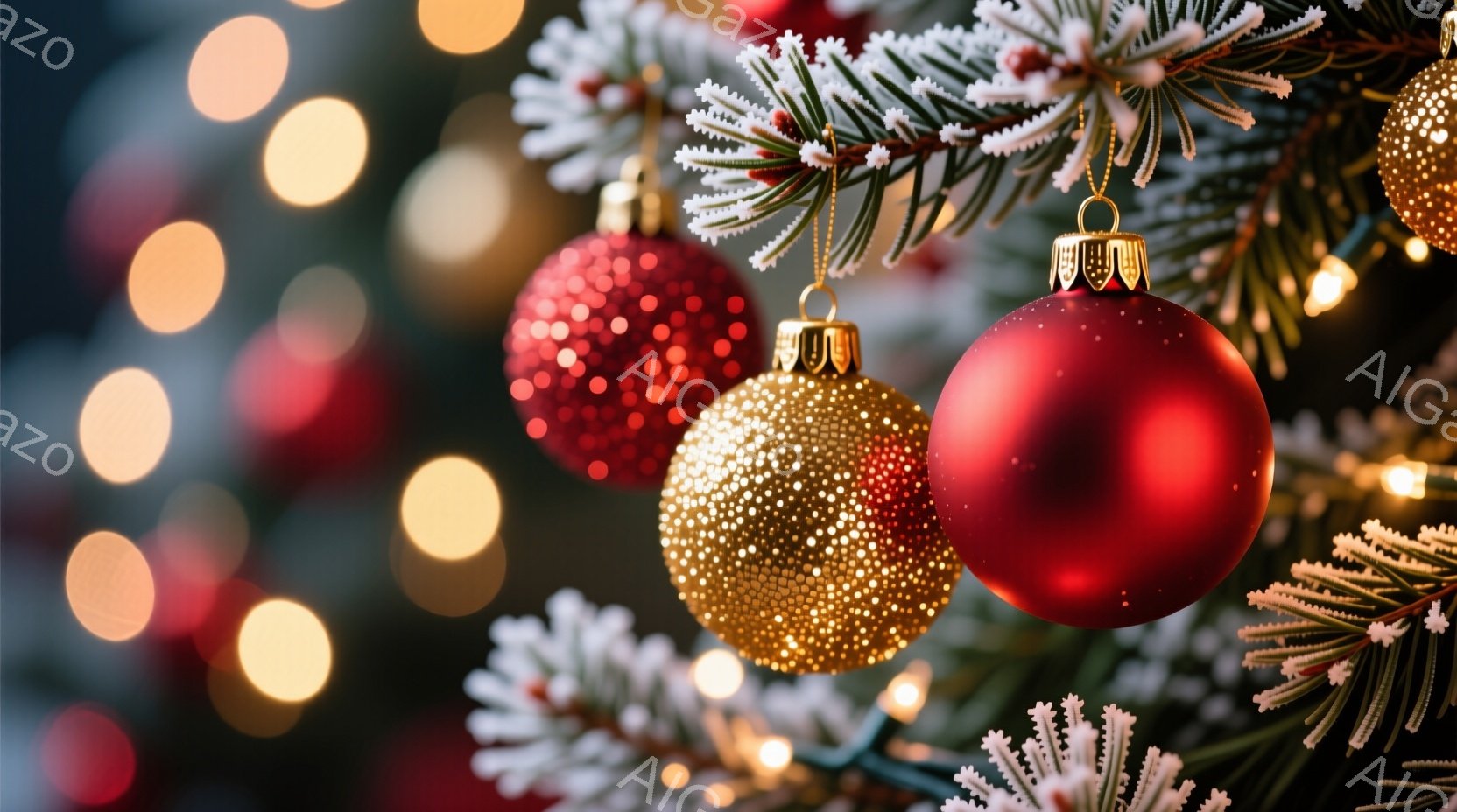鮮やかな赤いオーナメントとキラキラ光る金色のオーナメントが、雪をまとったクリスマスツリーの枝に飾られています。背景にはぼやけた暖かい色の光が散りばめられ、冬の祭りの温かく幻想的な雰囲気を醸し出しています。全体的に、クリスマスの喜びと魔法を感じさせる、美しい季節の光景です。