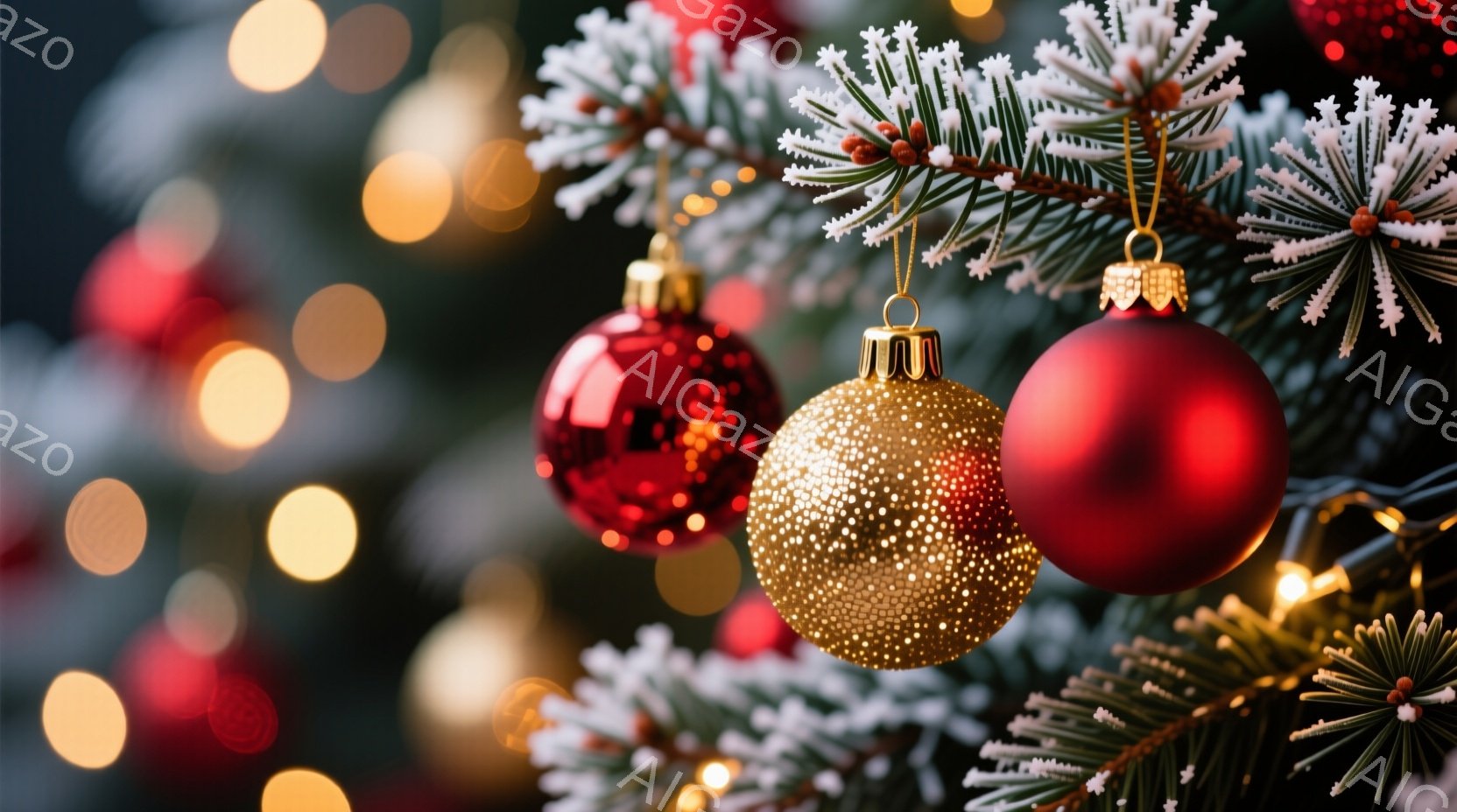 クリスマスツリーの枝に、赤いオーナメントと金色のキラキラしたオーナメントが飾られています。背景にはぼやけた光が点在し、暖かくお祝いの雰囲気を醸し出しています。雪が積もったような緑の葉とキラキラ光る装飾が、ホリデーシーズンらしい華やかさを演出しています。