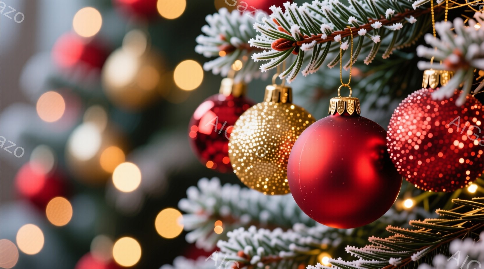 クリスマスツリーの枝に、赤と金のオーナメントが飾られています。背景にはぼやけた光が散りばめられ、白い雪が枝に積もって冬の温かく幻想的な雰囲気を醸し出しています。オーナメントはそれぞれ質感があり、光を受 - AI生成フリー素材