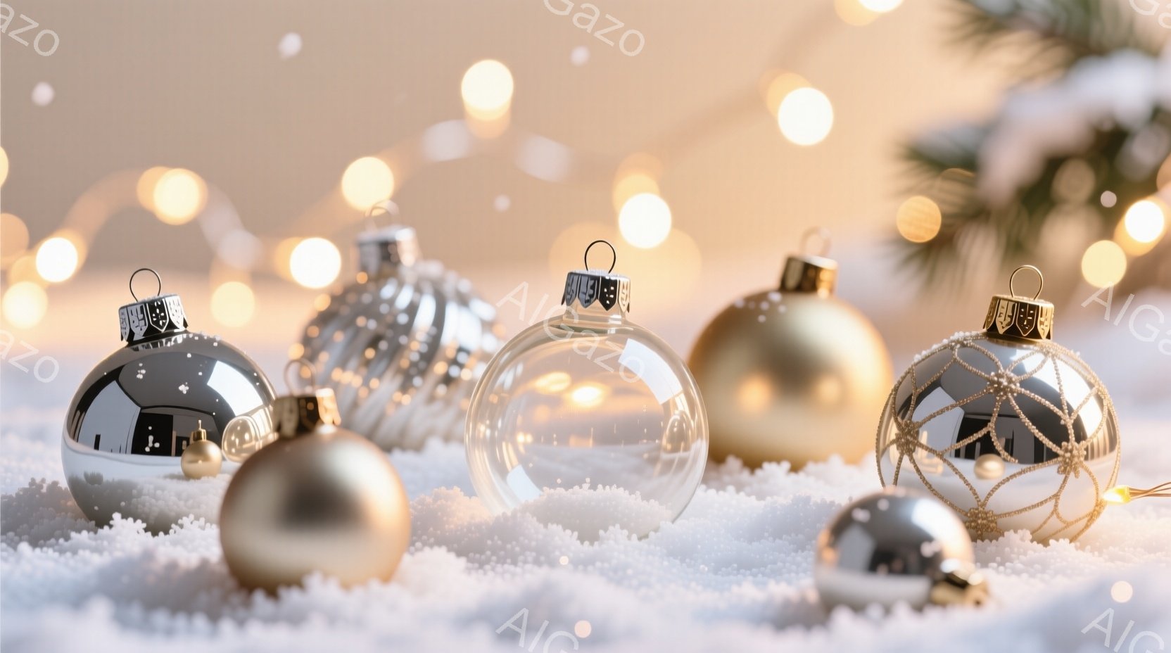 輝く装飾が雪の上に散らばっています。銀色と金色のオーナメントボールが、柔らかい光の中で暖かく輝き、背景にはぼんやりと光のストリングが散りばめられています。全体的に、クリスマスの温かく、お祝いの雰囲気が - AI生成フリー素材