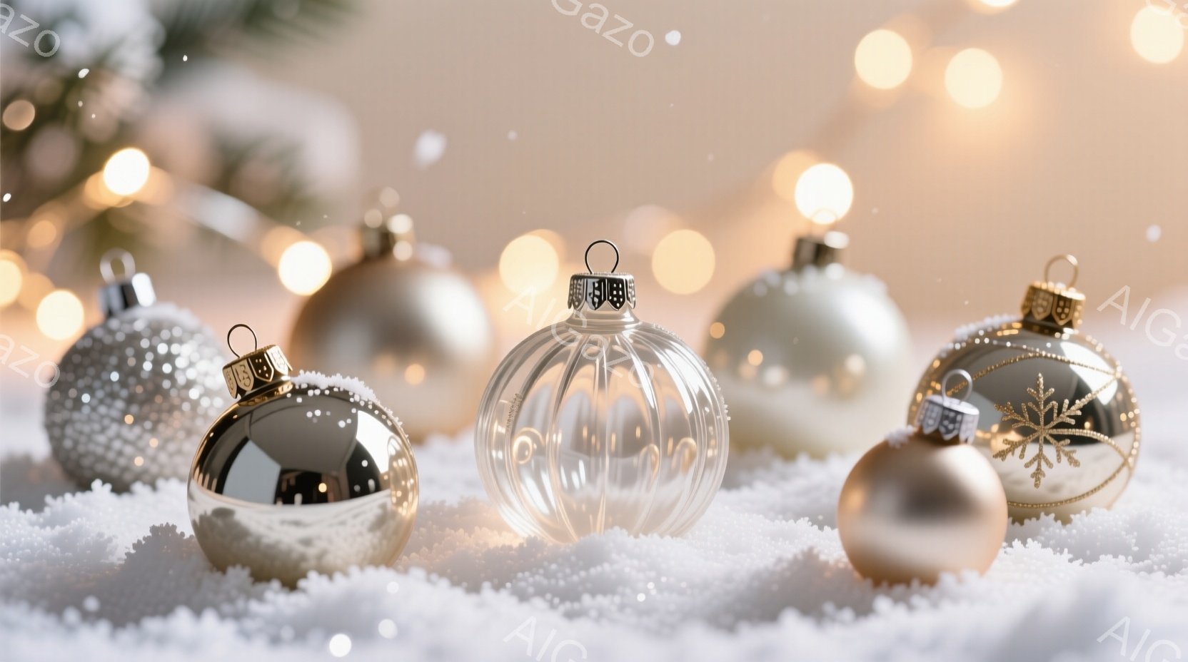 白い雪の上に、様々なデザインのクリスマスオーナメントが散りばめられています。オーナメントは銀色、金色、そして模様入りの白で、それぞれが光を反射してキラキラと輝いています。背景にはぼやけた光が点在し、暖かく幻想的な冬の雰囲気を醸し出しています。