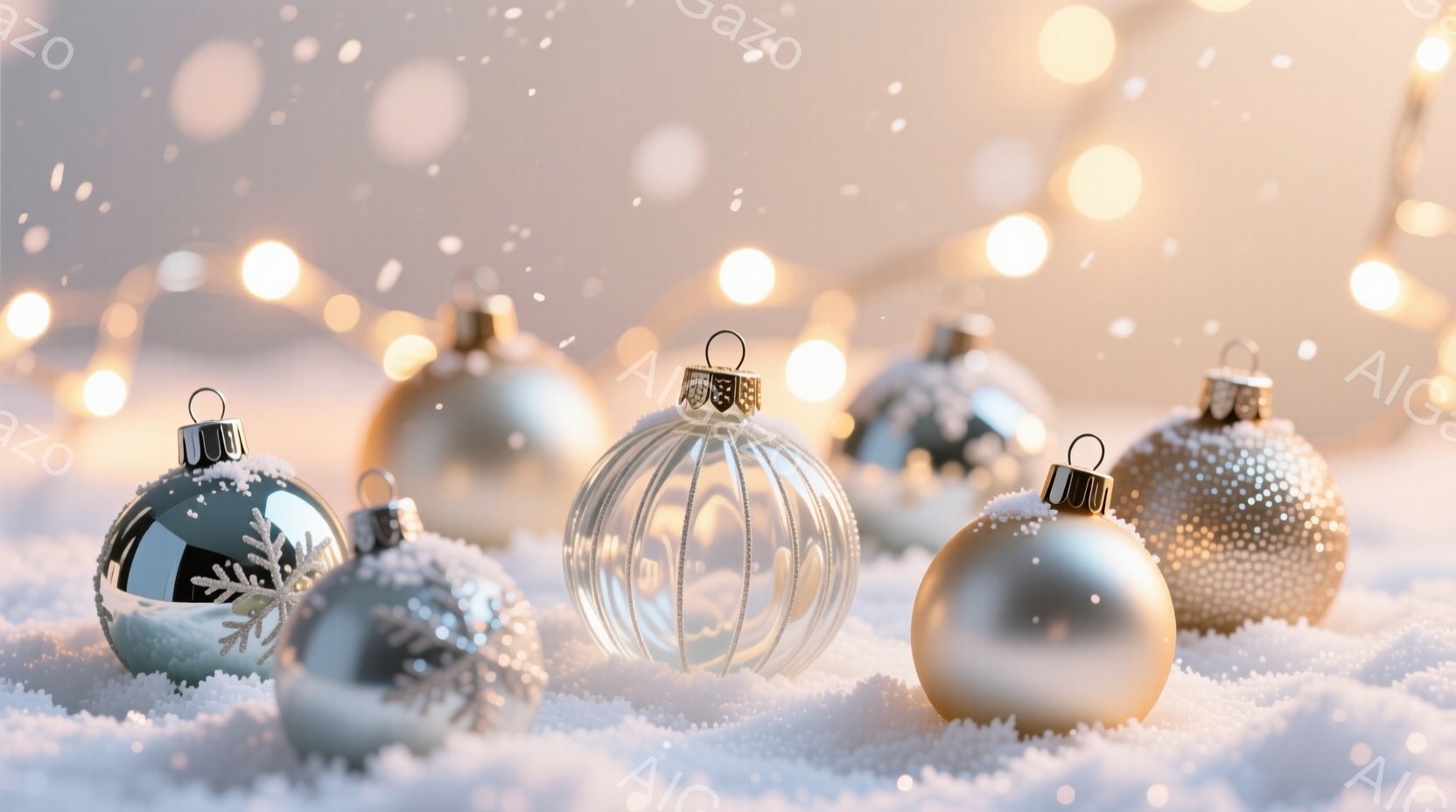 白い雪の上に、様々な装飾が施されたクリスマスオーナメントが散りばめられています。オーナメントは、鏡面仕上げの緑、透明なガラス、金色の光沢のあるもの、そしてきらびやかなドット柄のものなど、色や素材が異なり、冬の輝きを放っています。背景には、ぼんやりとした暖かい光のストリングライトがあり、ロマンチックで幻想的な雰囲気を醸し出しています。