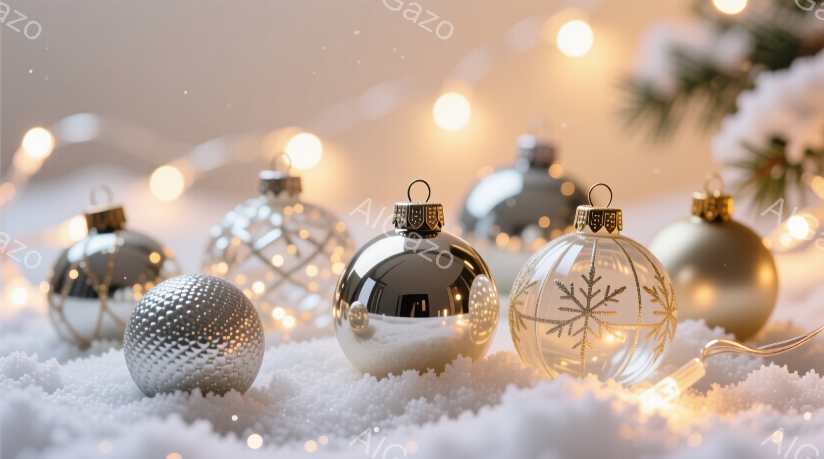 白い人工雪の上に、様々な装飾されたクリスマスオーナメントが散りばめられています。銀色、半透明、そして模様入りの球体は、暖かい光のストリングライトに照らされ、きらめきを放っています。全体的に、冬の暖かさと祝祭の雰囲気を醸し出しており、ホリデーシーズンを象徴する静止画です。
