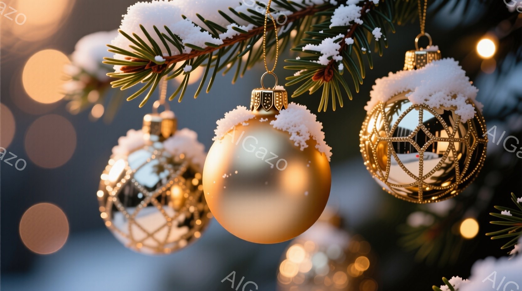 クリスマスツリーの枝に、金色のオーナメントが飾られています。オーナメントは雪で覆われており、背景にはぼんやりとした光が灯り、冬の暖かく幻想的な雰囲気を醸し出しています。全体的に上品で華やかな印象を与え - AI生成フリー素材
