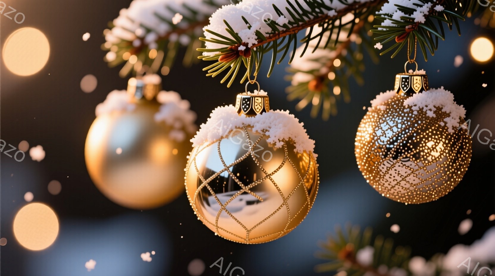 金色のオーナメントがクリスマスツリーの枝に飾られています。雪がオーナメントに降り積もり、幻想的な雰囲気を醸し出しています。背景は青みがかったぼかしで、暖かい光が散りばめられ、冬のホリデーシーズンの穏やかで華やかなムードを表現しています。