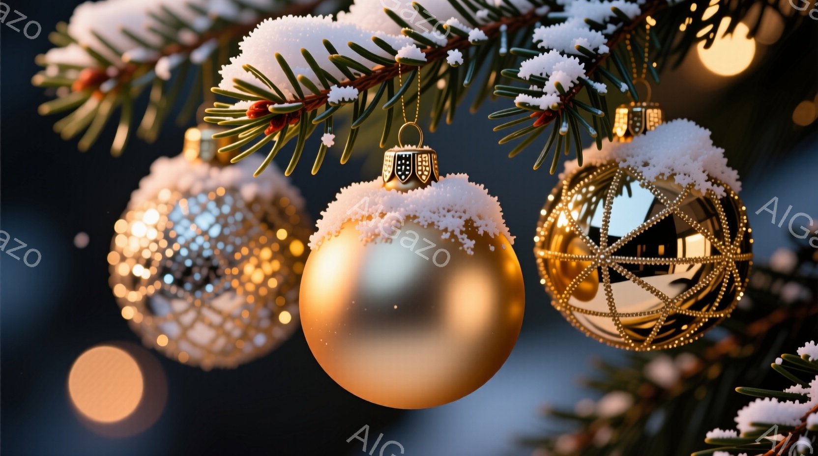 クリスマスツリーの枝に、金色のオーナメントがいくつか飾られています。背景は暗い青色で、ぼんやりとした光のぼかしがあり、冬の夜の穏やかな雰囲気を醸し出しています。オーナメントには雪が積もり、キラキラと輝き、温かく幻想的なクリスマスの雰囲気を表現しています。