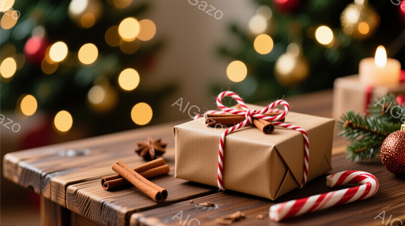粗い木のテーブルの上に、クラフト紙で包まれたプレゼントが置かれています。プレゼントには赤い紐で結ばれたシナモンスティックが飾られ、周りにはキャンディケーンや星型のスパイス、そして小さな緑の葉が散りばめられています。背景はぼやけたクリスマスツリーの光で、暖かく心地よい休日の雰囲気を醸し出しています。