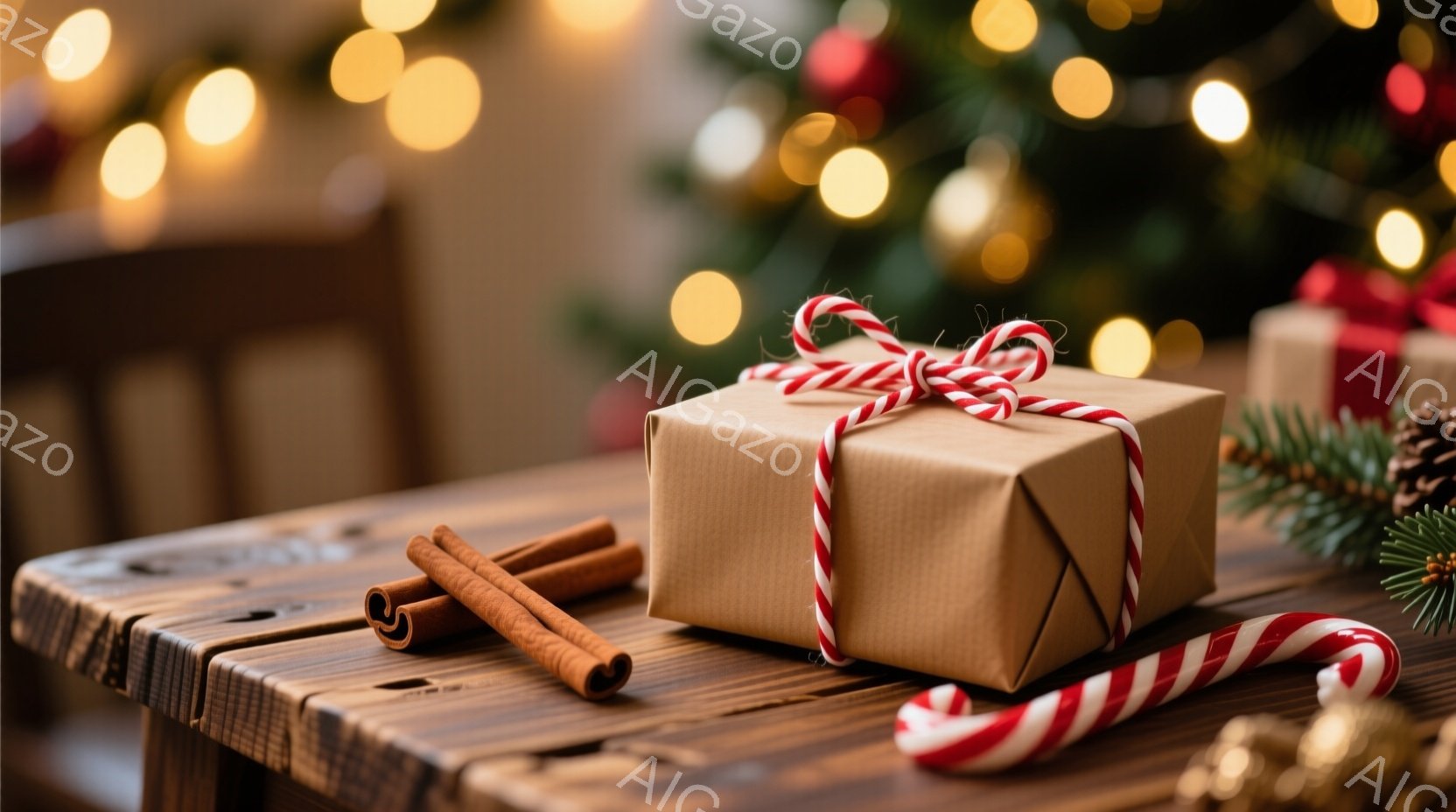 粗い木製のテーブルの上に、クラフト紙で包まれ、赤と白のひもで結ばれたプレゼントの箱が置かれています。シナモンスティックとキャンディケーンが箱の周りに配置され、背景にはぼやけたクリスマスツリーの光が暖か - AI生成フリー素材