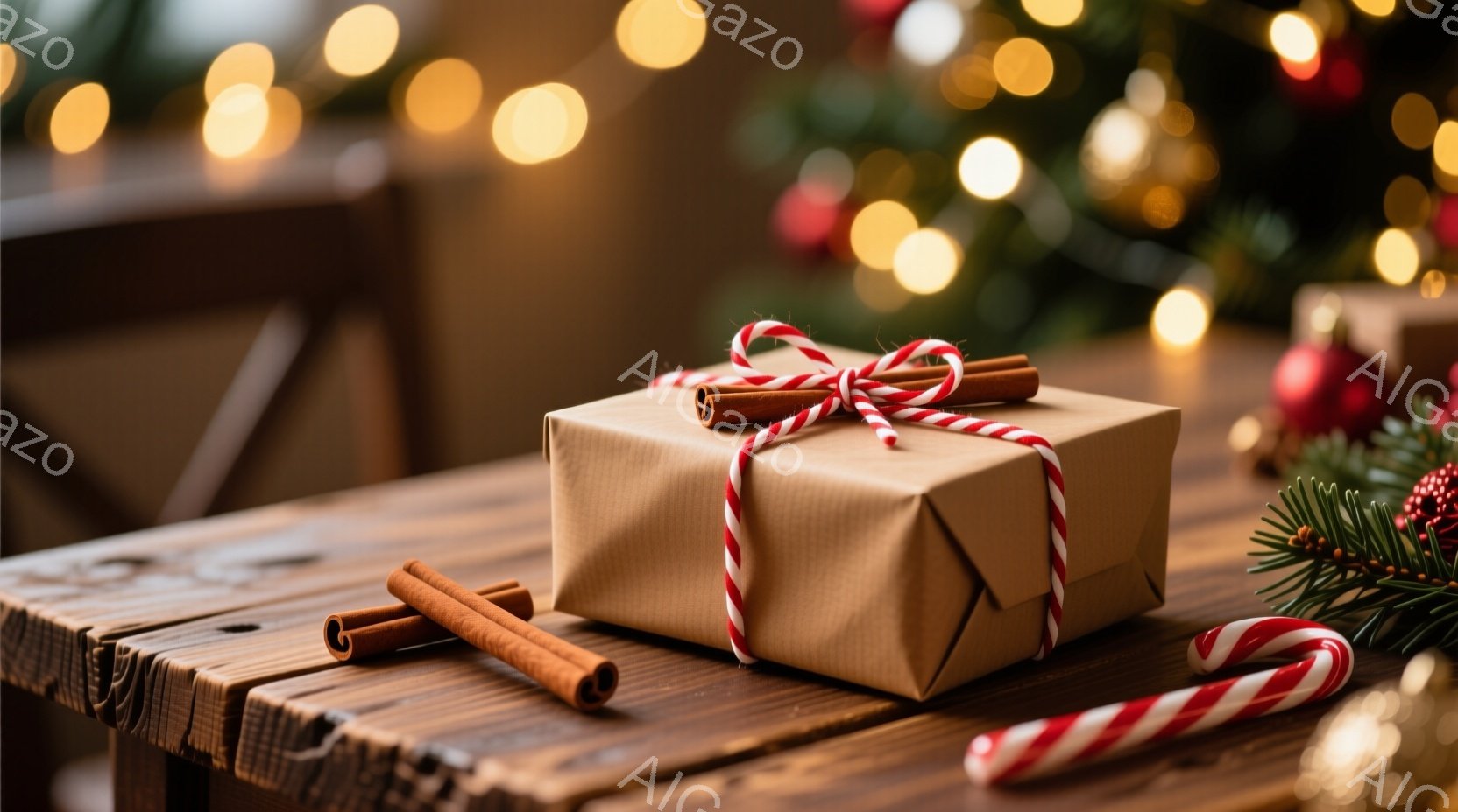 粗末な木のテーブルの上に、クラフト紙で包まれたプレゼントが置かれています。プレゼントには赤い白ストライプのリボンとシナモンスティックが飾り付けられており、隣にはキャンディケーンと緑の葉が添えられています。背景はぼかされており、温かい光の玉とクリスマスの飾りが見え、全体的に温かく、居心地の良いクリスマスの雰囲気を醸し出しています。